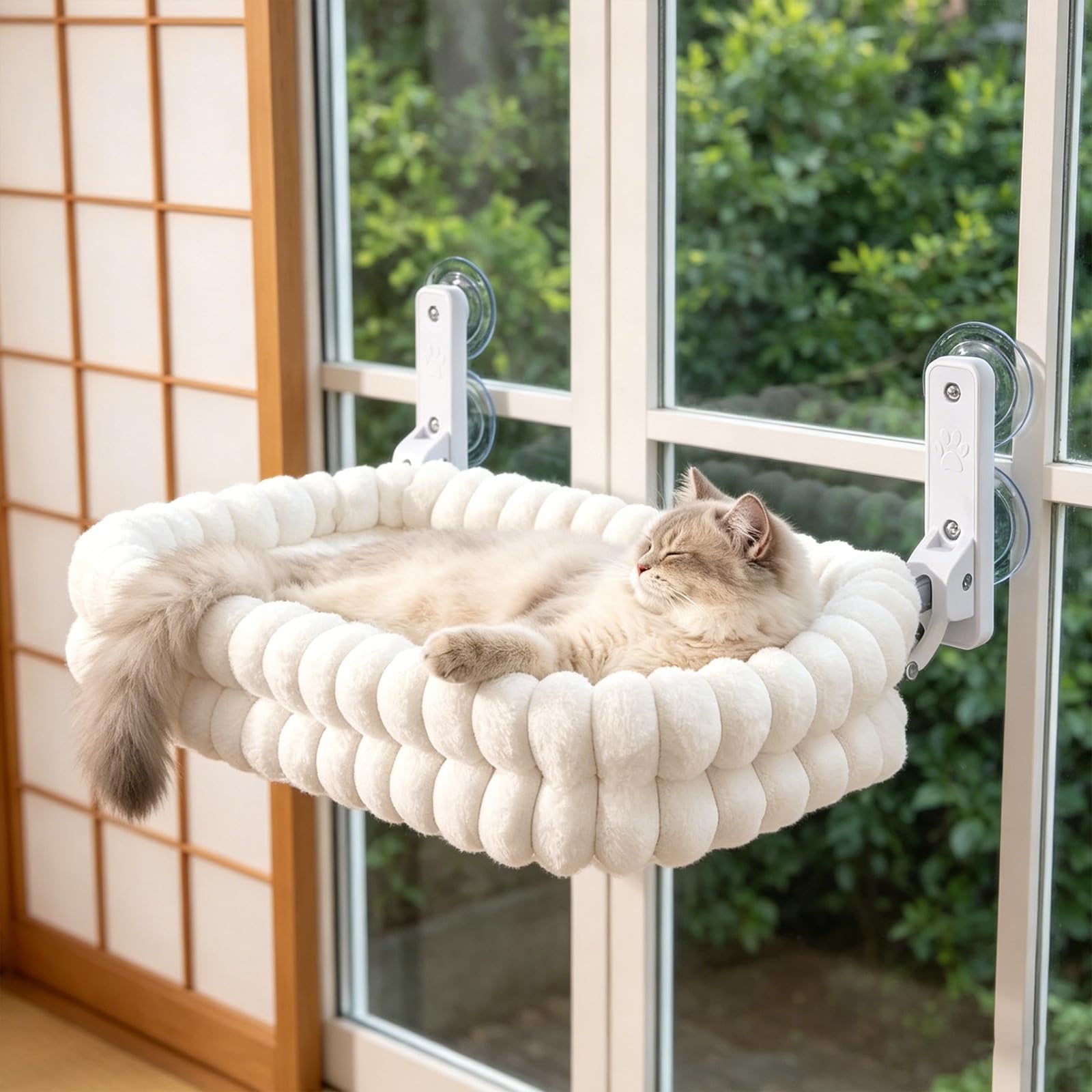 Amaca pieghevole per gatti – trespolo per gatti senza fili con copertura reversibile lavabile in lavatrice, telaio resistente e ventose, letto per gatti grandi da interno fino a 18 kg