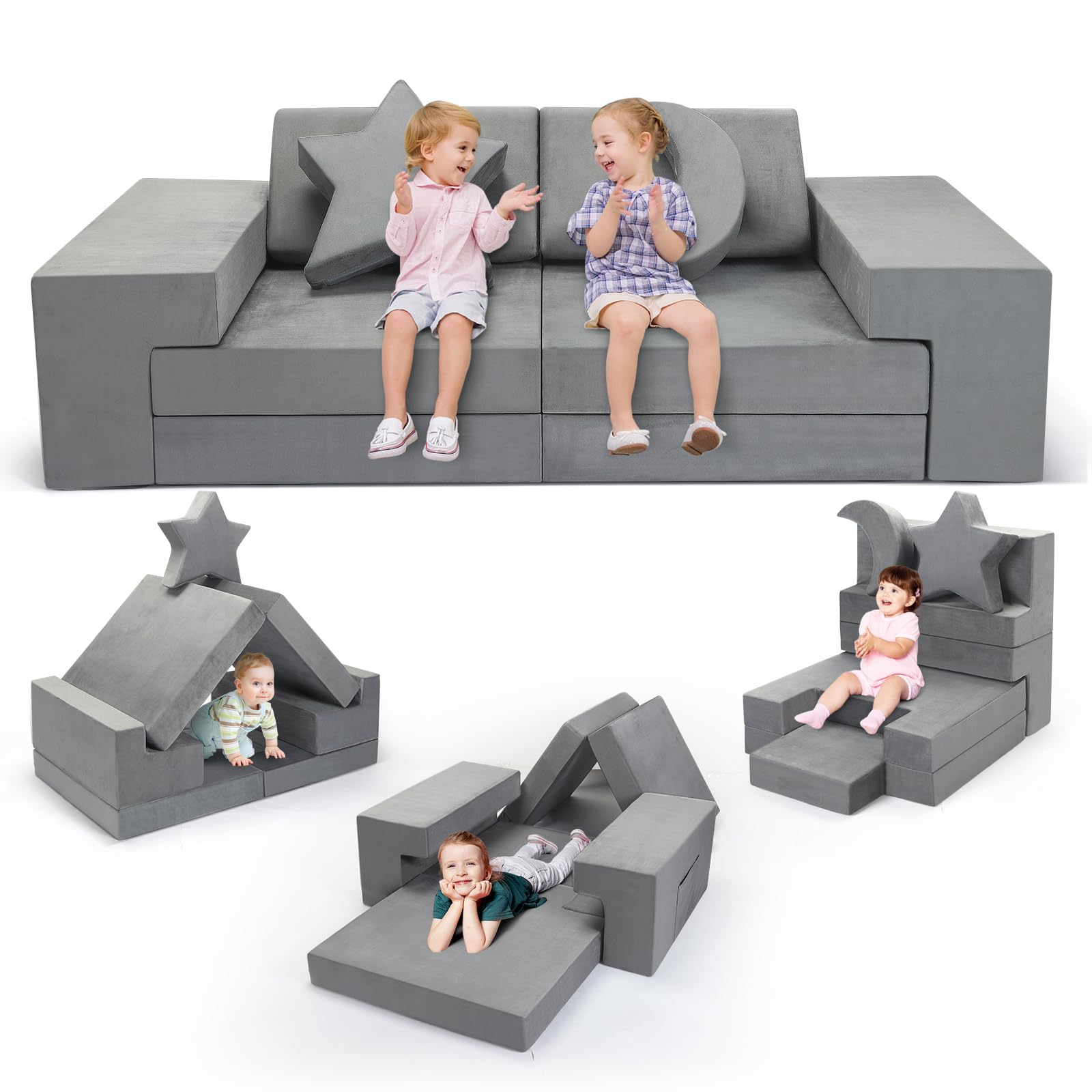 Sofá modular infantil de 9 piezas, espuma de alta densidad 25D, funda lavable con cojines y reposabrazos, para el túnel de arrastre del castillo