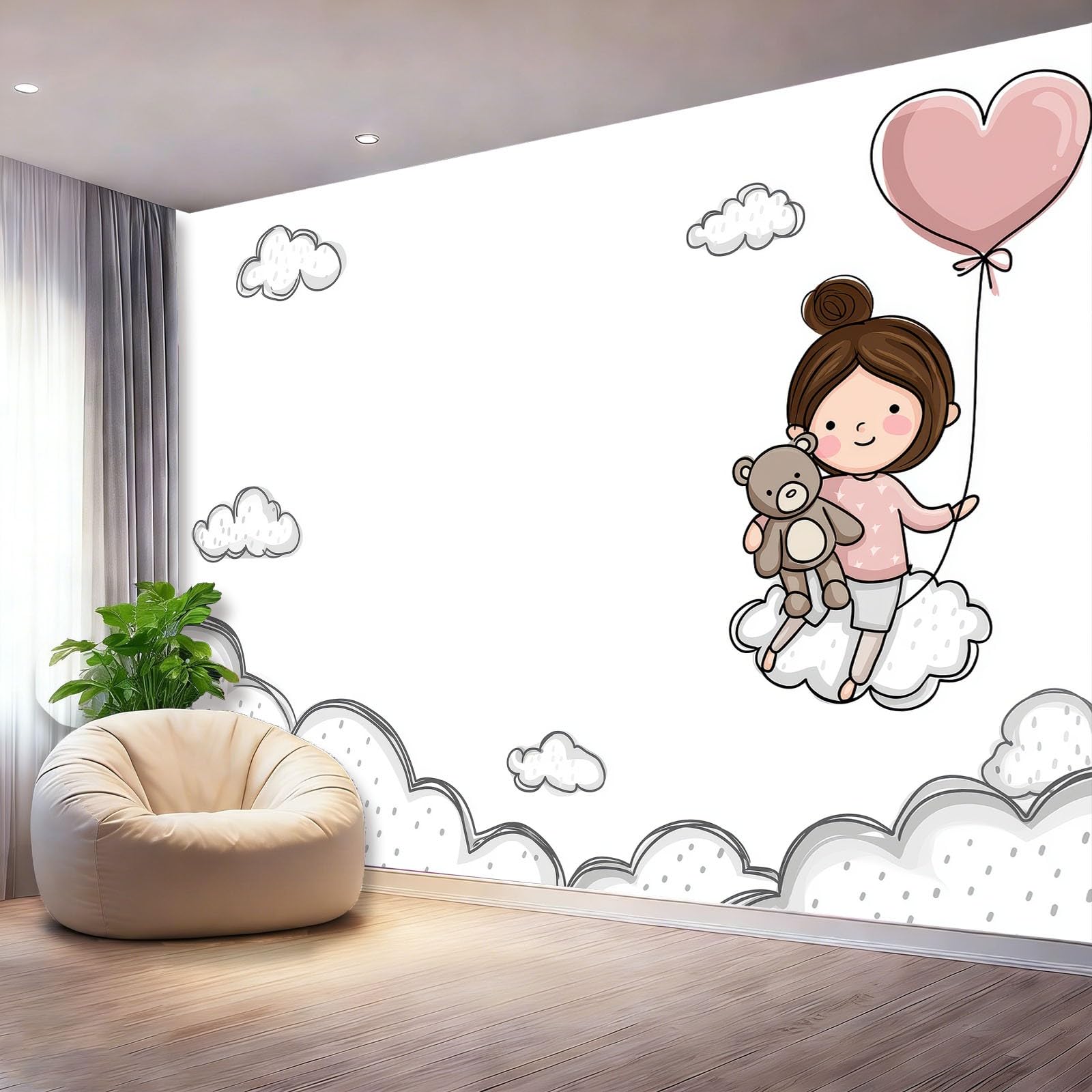 Duży mural ścienny 350 x 256 cm (szer. x wys.), różowy wzór chmurki z kreskówki, naklejana tapeta montażowa do głównej sypialni i salonu