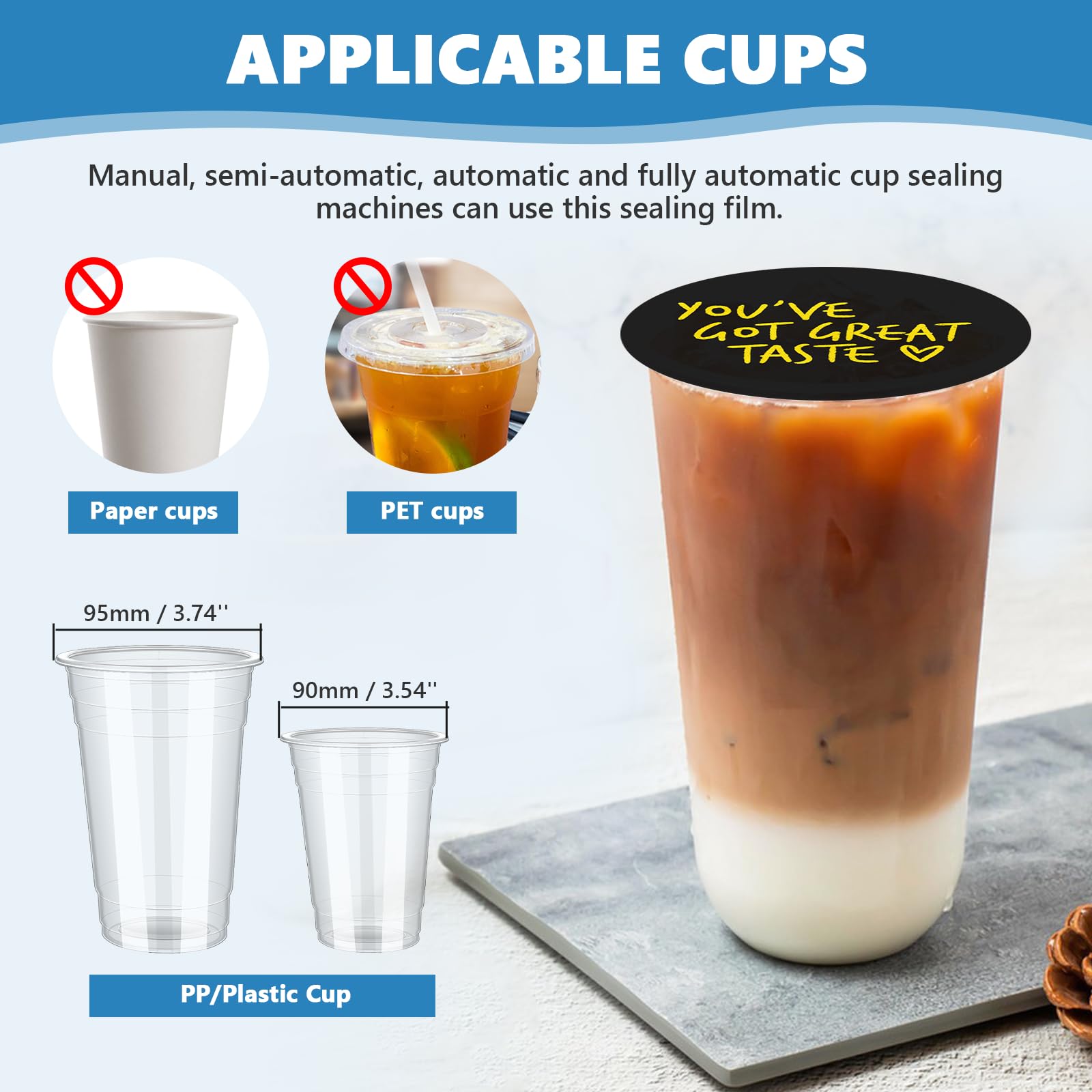 MXBAOHENG Pellicola sigillante per tazze 90-95MM Pellicola sigillante bubbletea 3000 pezzi Pellicola sigillante speciale in PP per bicchieri di plastica per negozi di bevande per succhi, tè, caffè