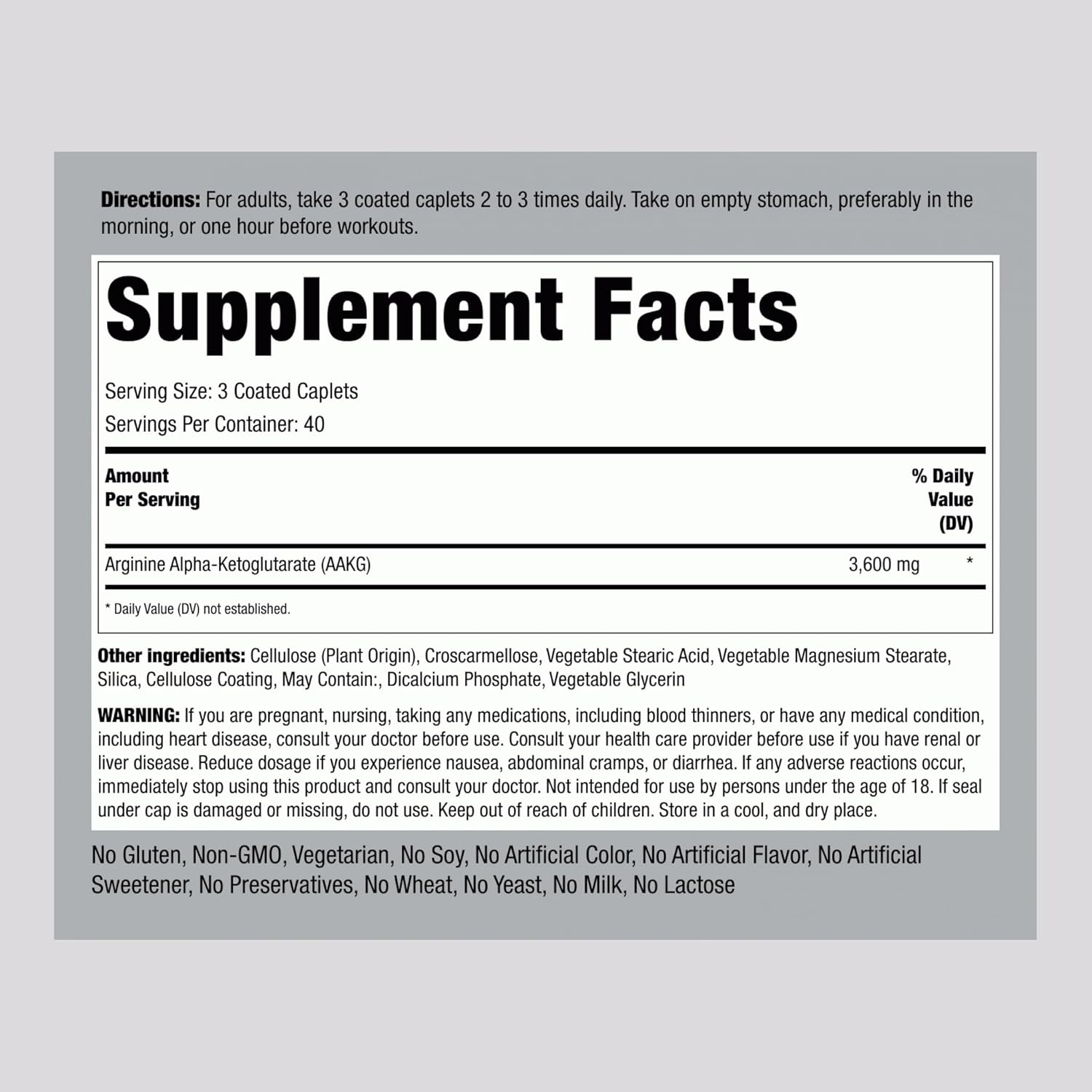 Piping Rock AAKG Supplement | 120 Caplets | 3600 mg | Arginine Alpha-Ketoglutarate Supplement | Nitric Oxide Enhancer | Max Strength | Vegetarian, Non-GMO, Gluten Free - Image 2