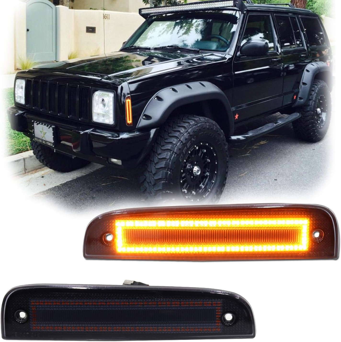 𝟮𝟬𝟮𝟰 𝗨𝗽𝗴𝗿𝗮𝗱𝗲 2 PCS LED Front Side Marker Lights for Jeep Cherokee XJ 1997-2001, Bumper Corner Parking Signal Lamps Smoked Lens, Jeep Cherokee Accessories - Amber Lens