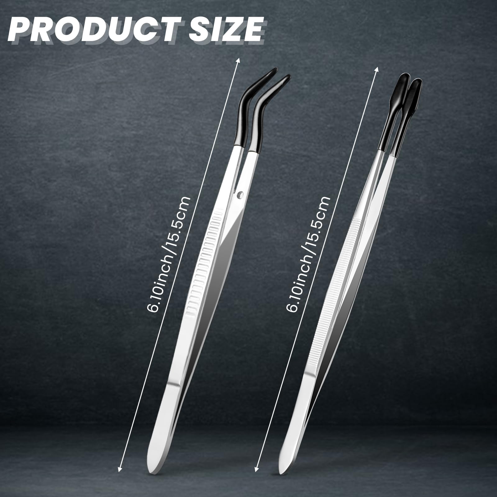 Gjinxi 2 pinzette in acciaio inox da 15,5 cm, punta piatta dritta, punta curva, antiscivolo, pinzette angolate con punta in gomma per lavori di precisione, lavori di laboratorio, gioielli artigianali