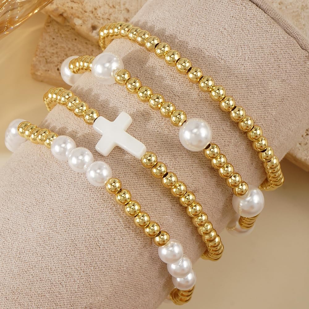 4Pcs Christian Stack Gold Plated Seed Beaded Bracelets Set for Women, Romantic Freshwater Pearl Stretch Accessories Adjustable String Rope Cross Jewelry, Daily Friendship Gift - Image 4