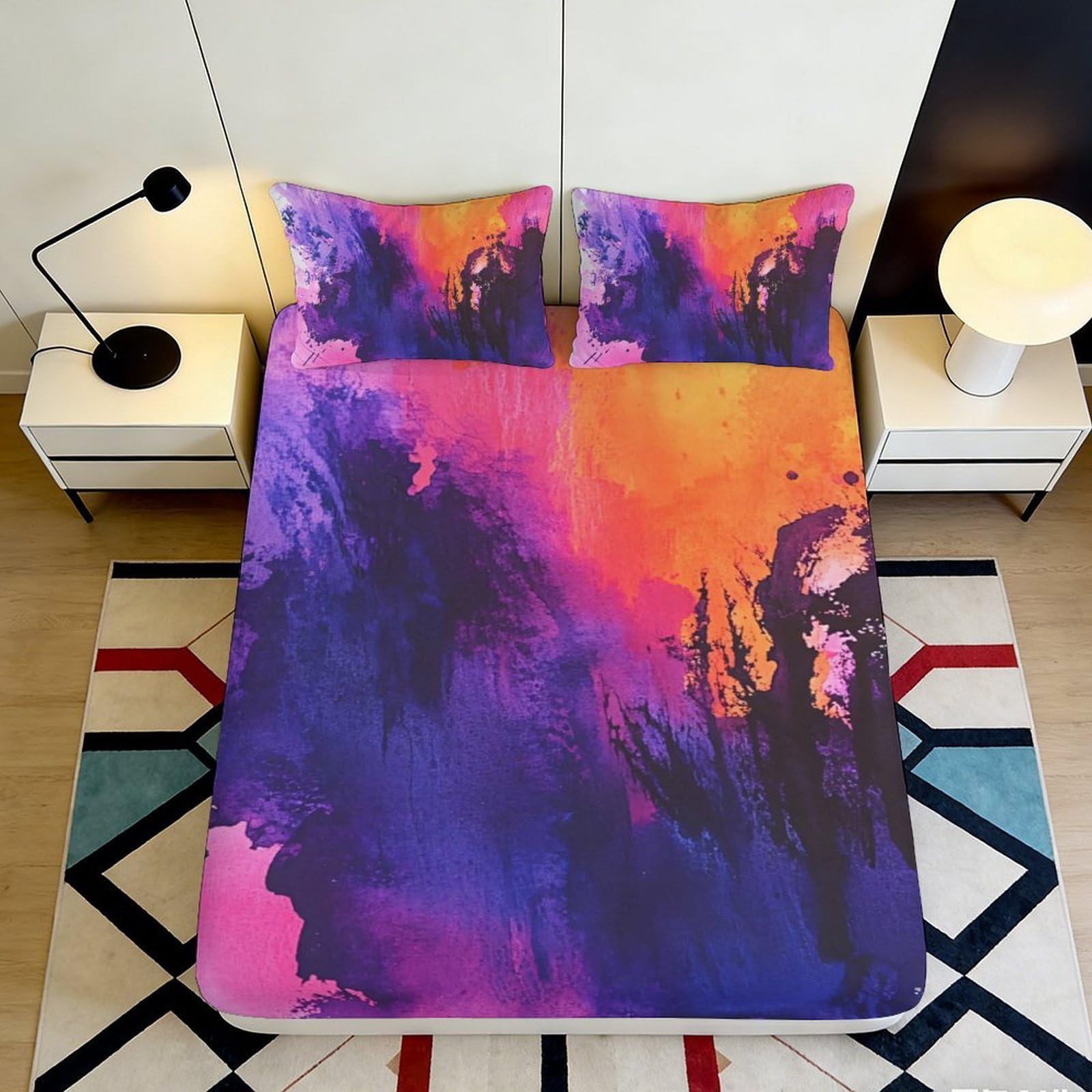 3D Printed Sunset Watercolor Fitted Sheet Microfiber Soft Abstract Art Mattress Cover for Bedroom Decor 180x200x25cm