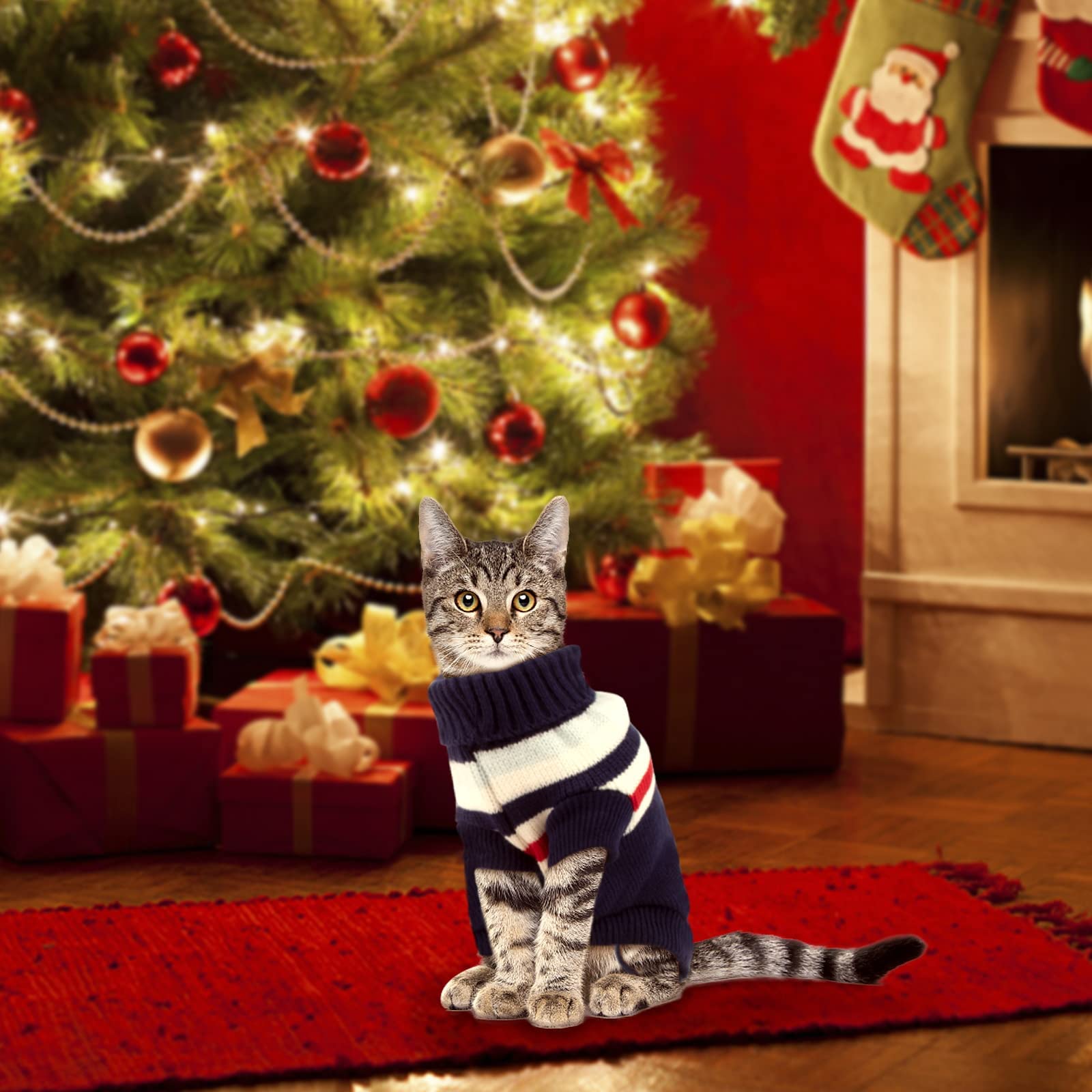 Rypet 2 paquetes de suéter de gato a rayas – suéter de punto cálido cuello alto gato ropa de invierno para gatitos y perros pequeños XS
