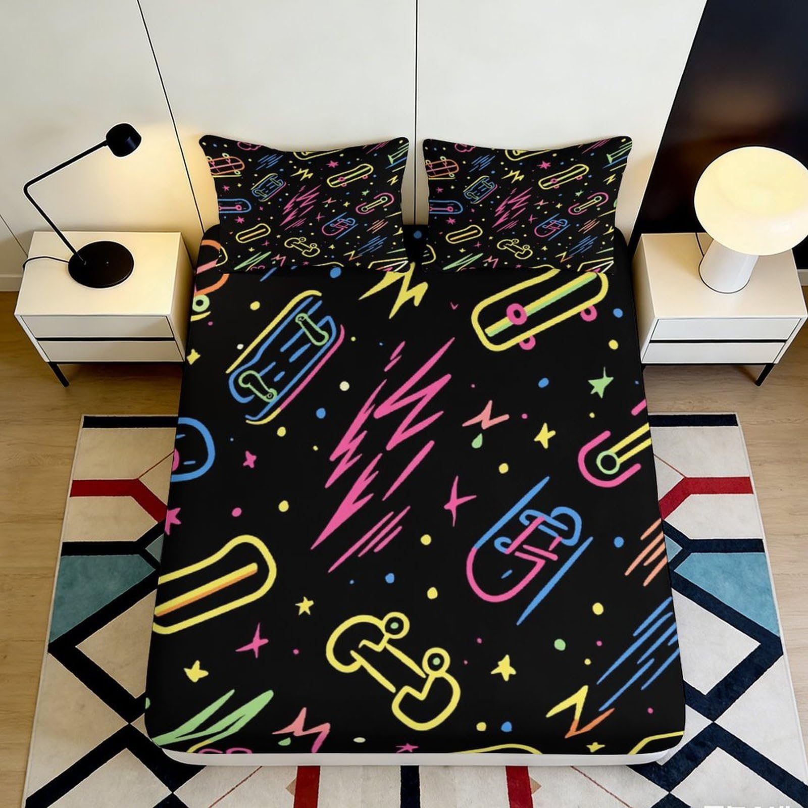3D Printed Retro Neon Pattern Fitted Sheet Microfiber Soft Colourful Abstract Bed Sheet for Bedroom Dorm Decor 90x200x25cm