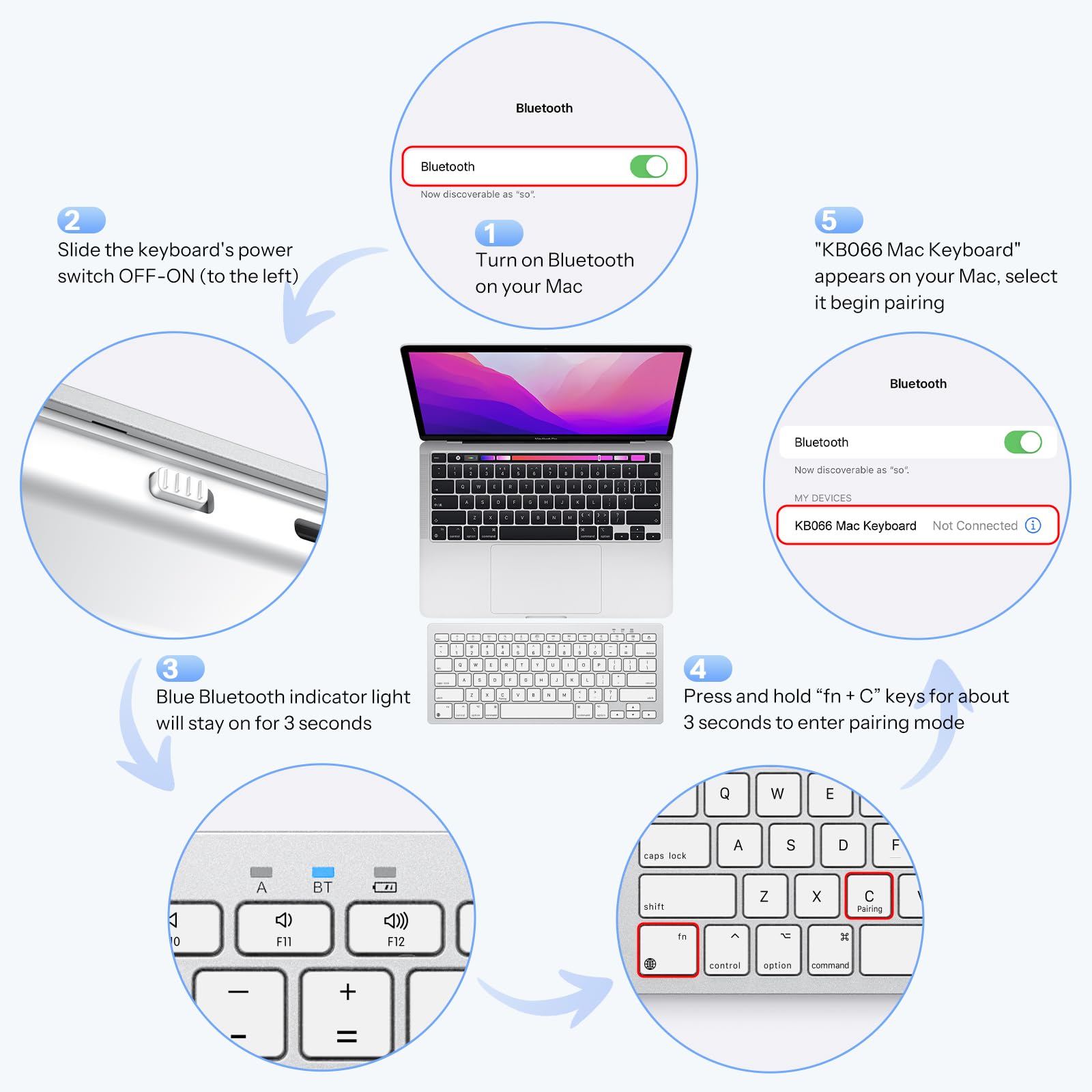 OMOTON Rechargeable Keyboard for Mac, mini Compact Wireless (No Numeric Pad), Stable Bluetooth Connection, Ergonomic Design, Keyboard Compatible with MacBook/iMac/Mac mini - Silverwhite — view 7
