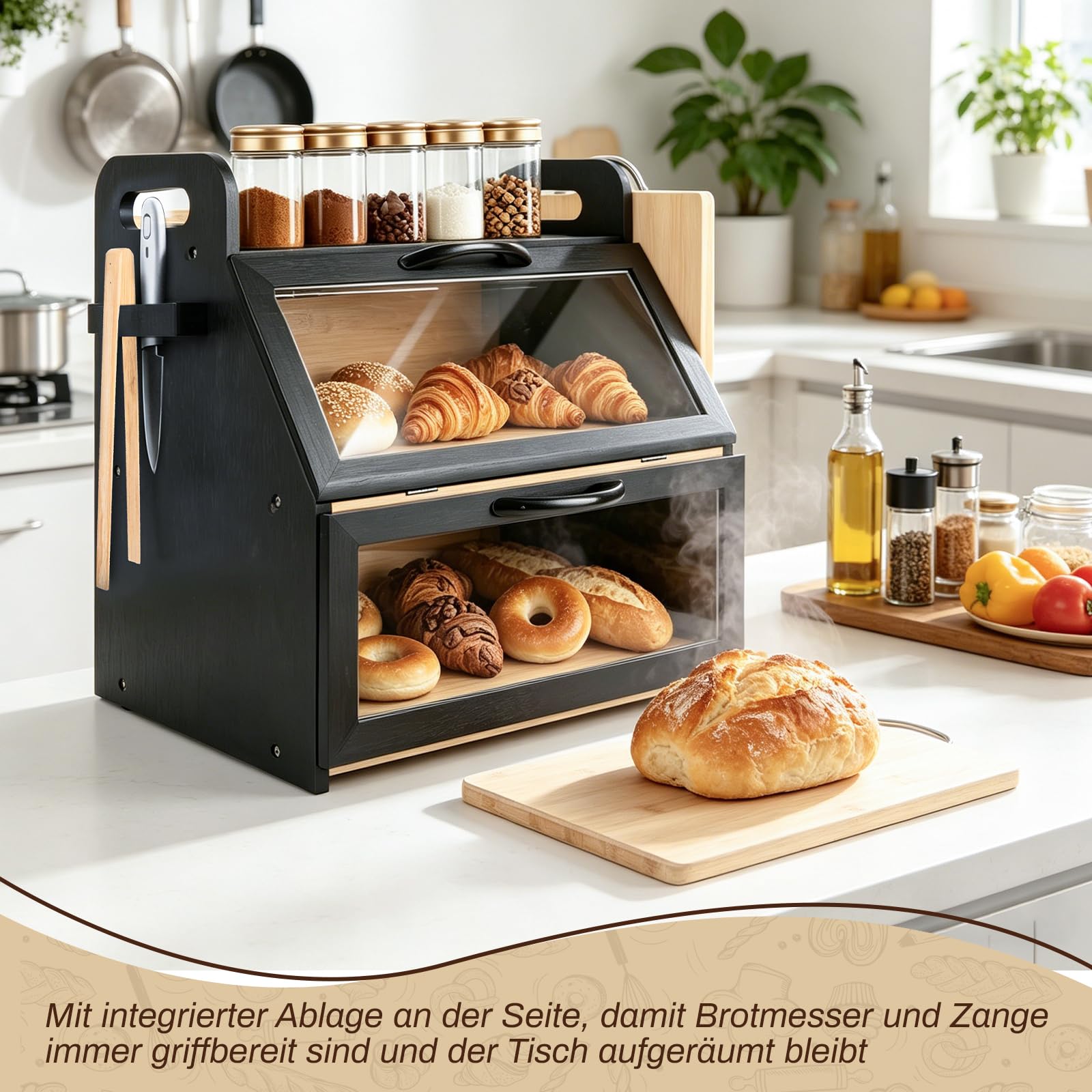 Bambus Brotkasten 2 Etagen Brotbehälter mit Brotschneidebrett und Brotzange, lebensmittelecht Brotaufbewahrung, Holz Brotbehälter für selbstgemachtes Brot, 40 x 26 x 37 cm, Schwarz