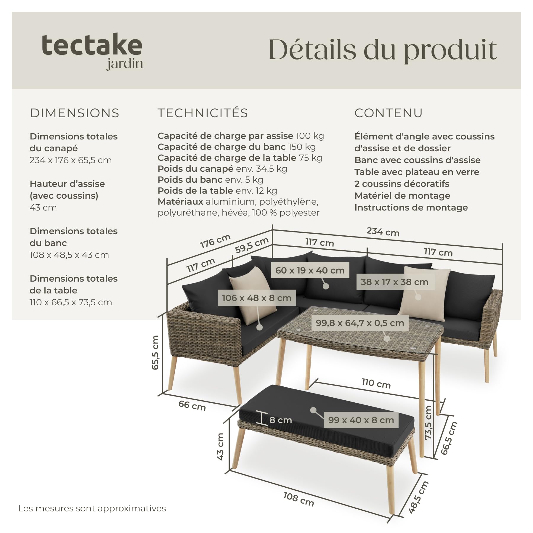 tectake® Ensemble Salon de Jardin Exterieur en Poly Rotin et Aluminium, 4 Places 1 Canapé 1 Banquette Jardin et 1 Table de Jardin, Facile d'entretien, Mobilier pour Amenagement Balcon Terrasse Veranda