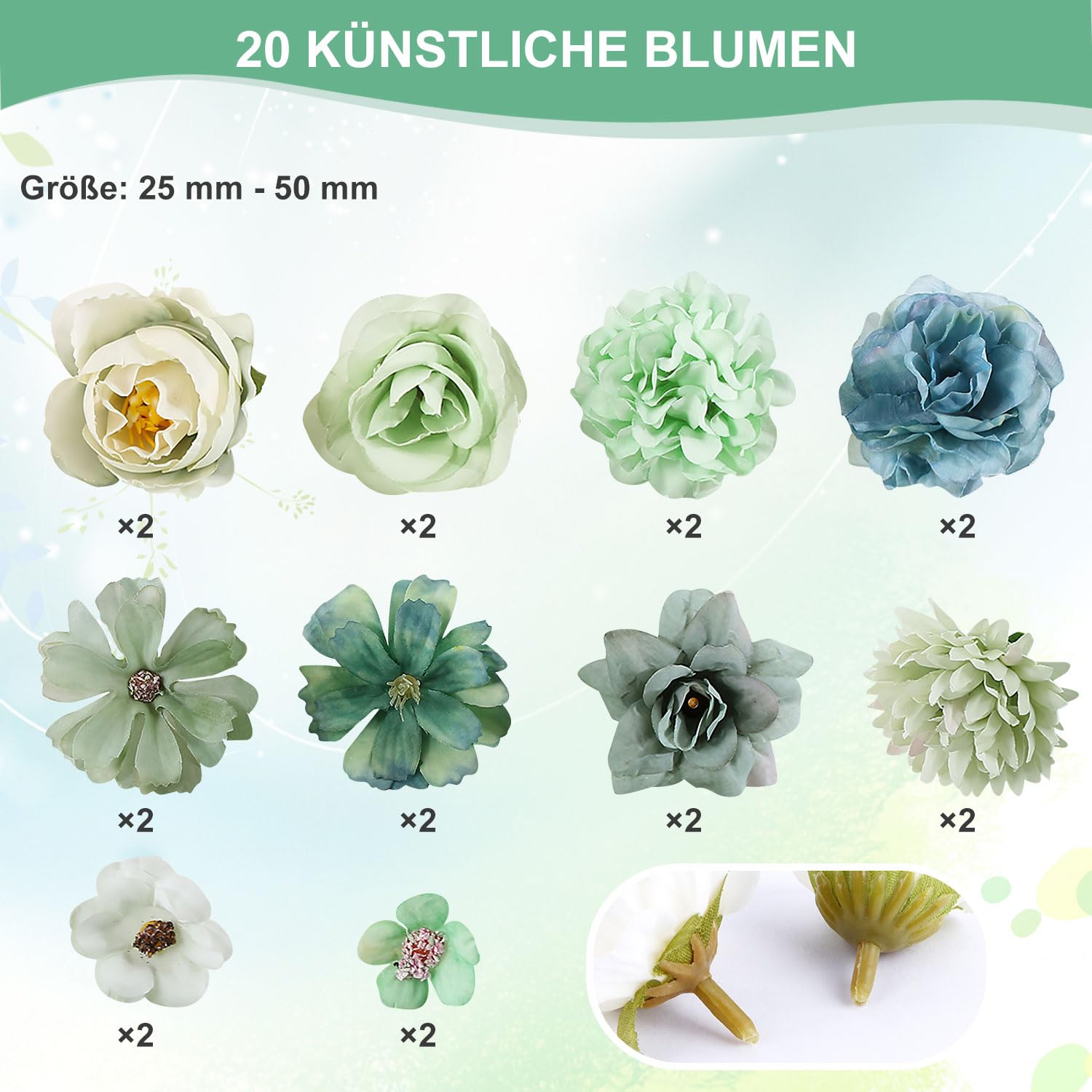 Luckwaii Kunstblumen Köpfe 40 Stück - Seidenblumen Zum Basteln 2-5cm Blau & Grün
