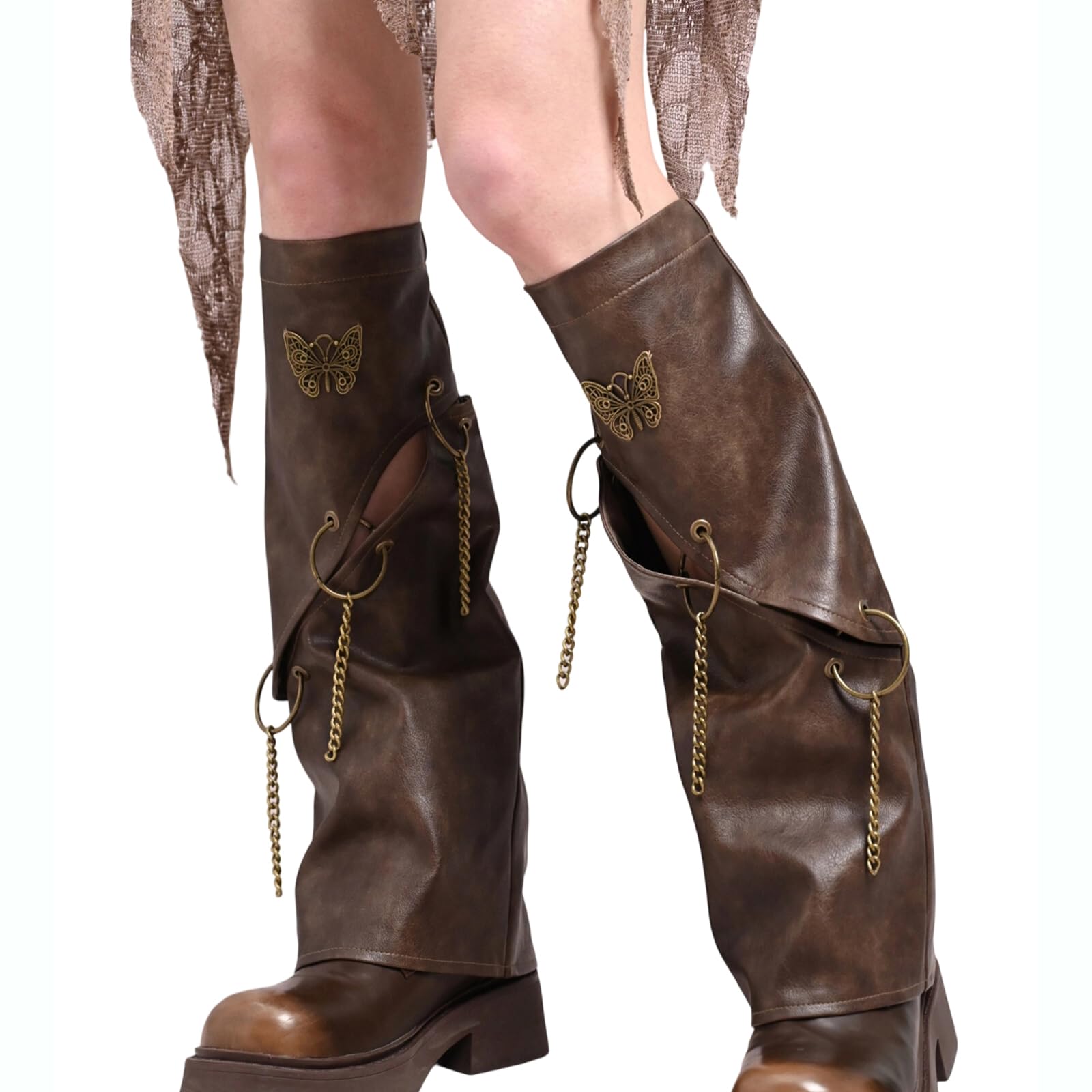 Womens Gothic Punk Long Leg Warmers Butterfly Metal Chain Vintage Y2K PU Leather Leg Sleeve