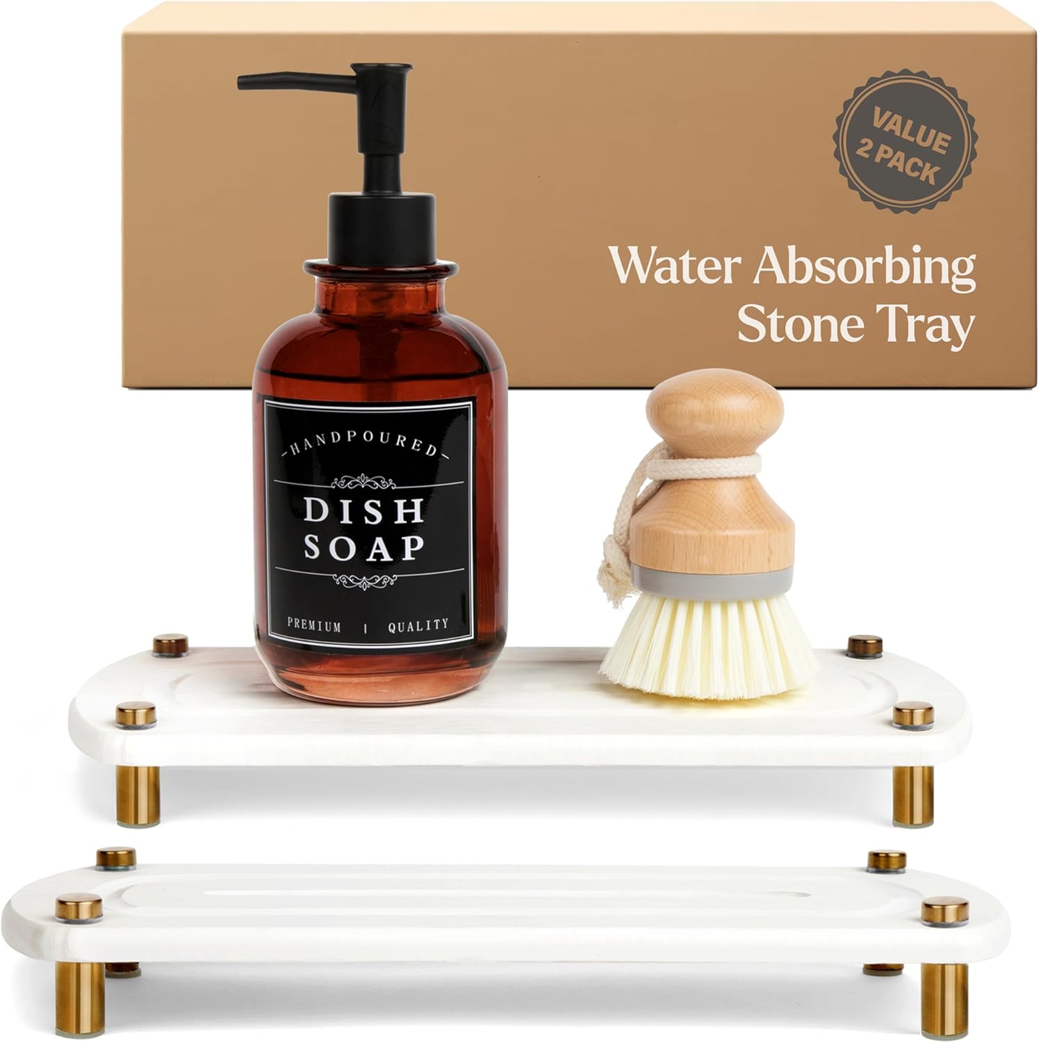 2PCS Water Absorbing Stone Soap Tray for Kitchen Bathroom Sink, Quick Dry Diatomaceous Earth Drying Rack and Shower Caddy, Soap Dispenser and Sponge Holder Organizer for Countertop