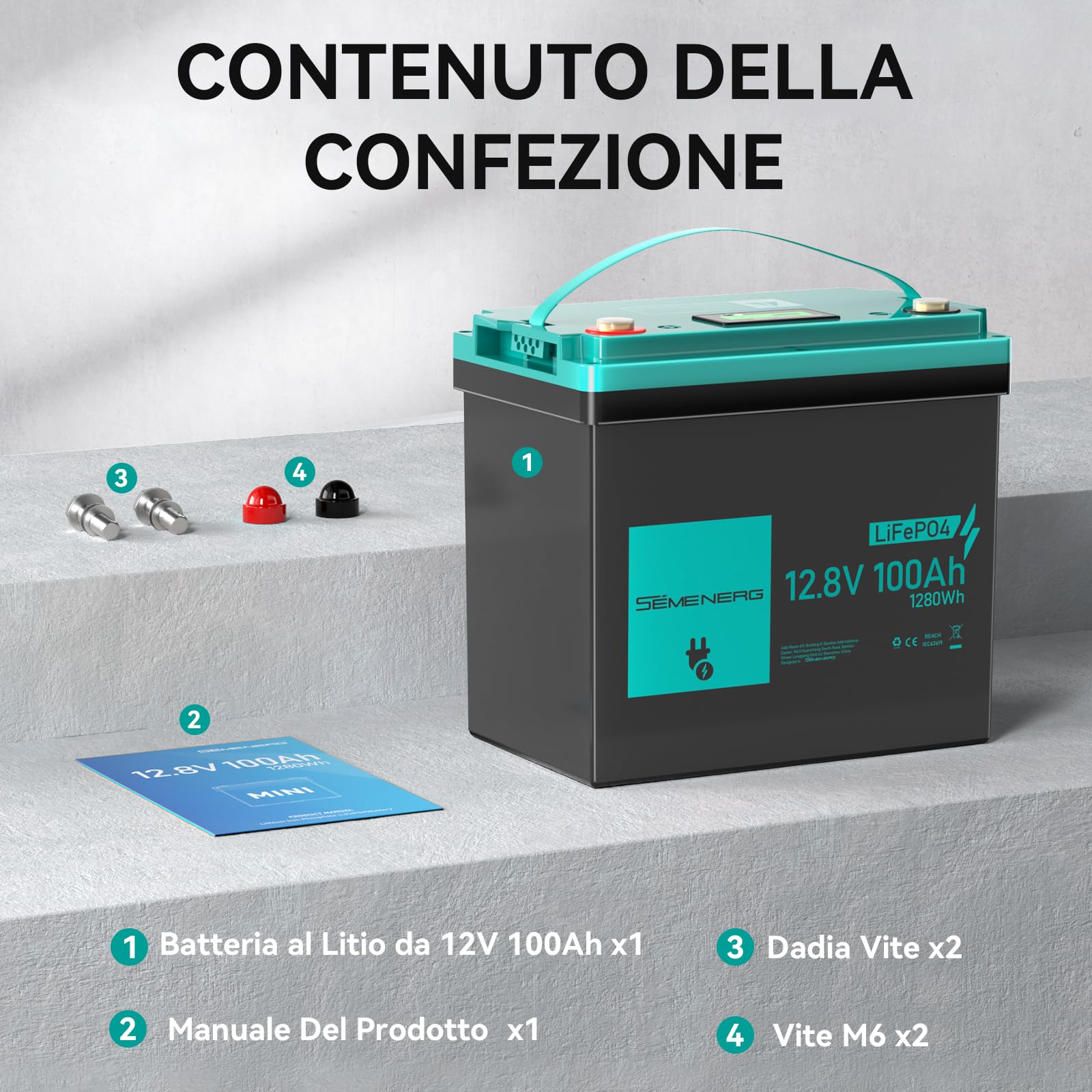 Batteria al Litio da LiFePO4 Mini 12V 100Ah con LED, 100A Intelligente BMS & Max.15000 Cicli, Batteria 12 Volt Deep Cycle 1280 Wh Ricaricabile per Camper, Sistemi a Energia Solare, Campeggio