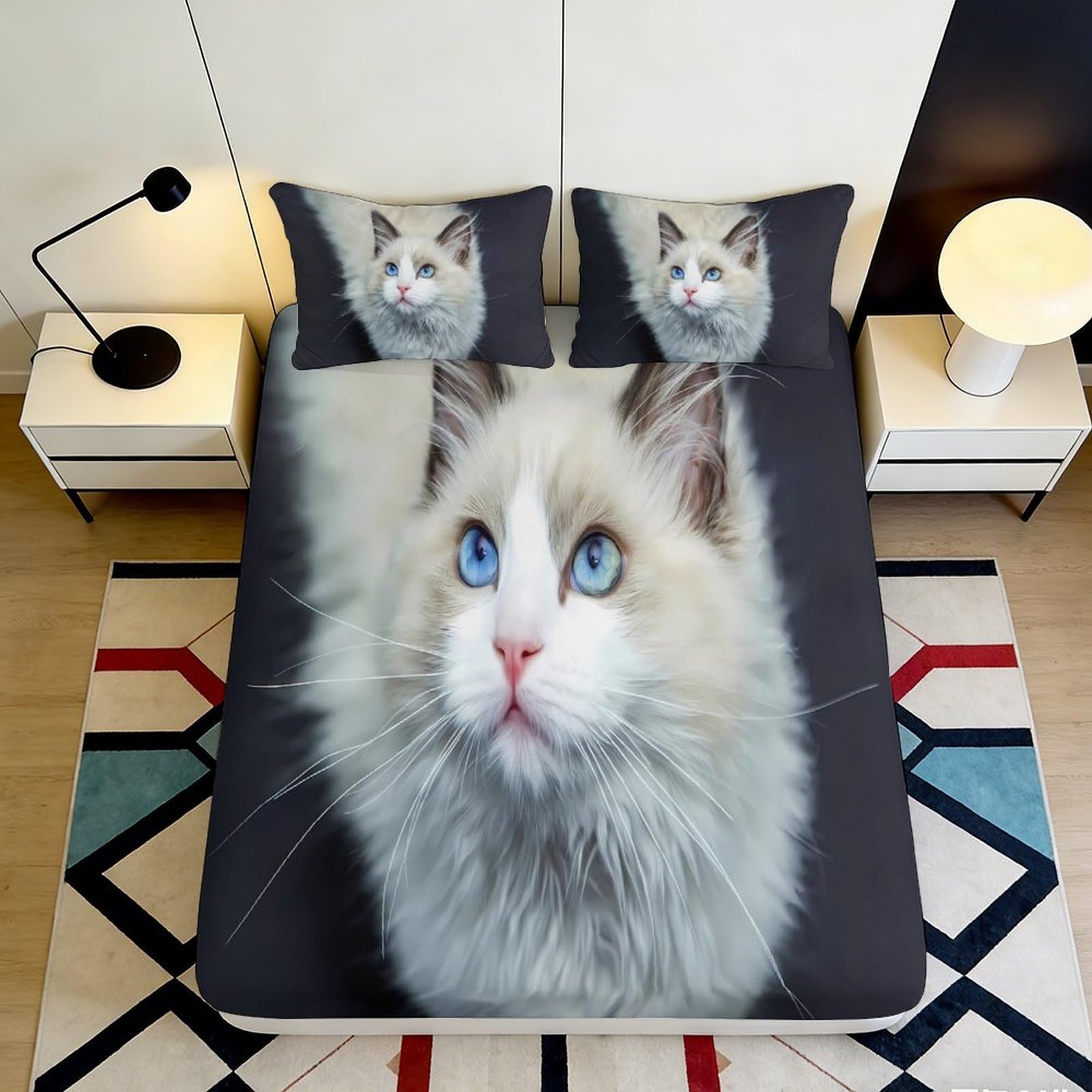 3D Printed Blue Eyed Cat Fitted Sheet Microfiber Soft Non-slip Mattress Cover for Bedroom Dorm Bed Decor 120x200 140x200x25cm