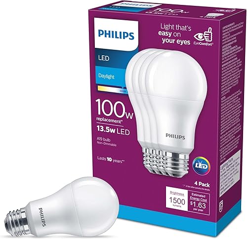 Philips LED Bombilla A19 de alto lumen, no regulable, 1500 lúmenes, luz diurna (5000 K), 13.5 W = 100 W, base E26, paquete de 4