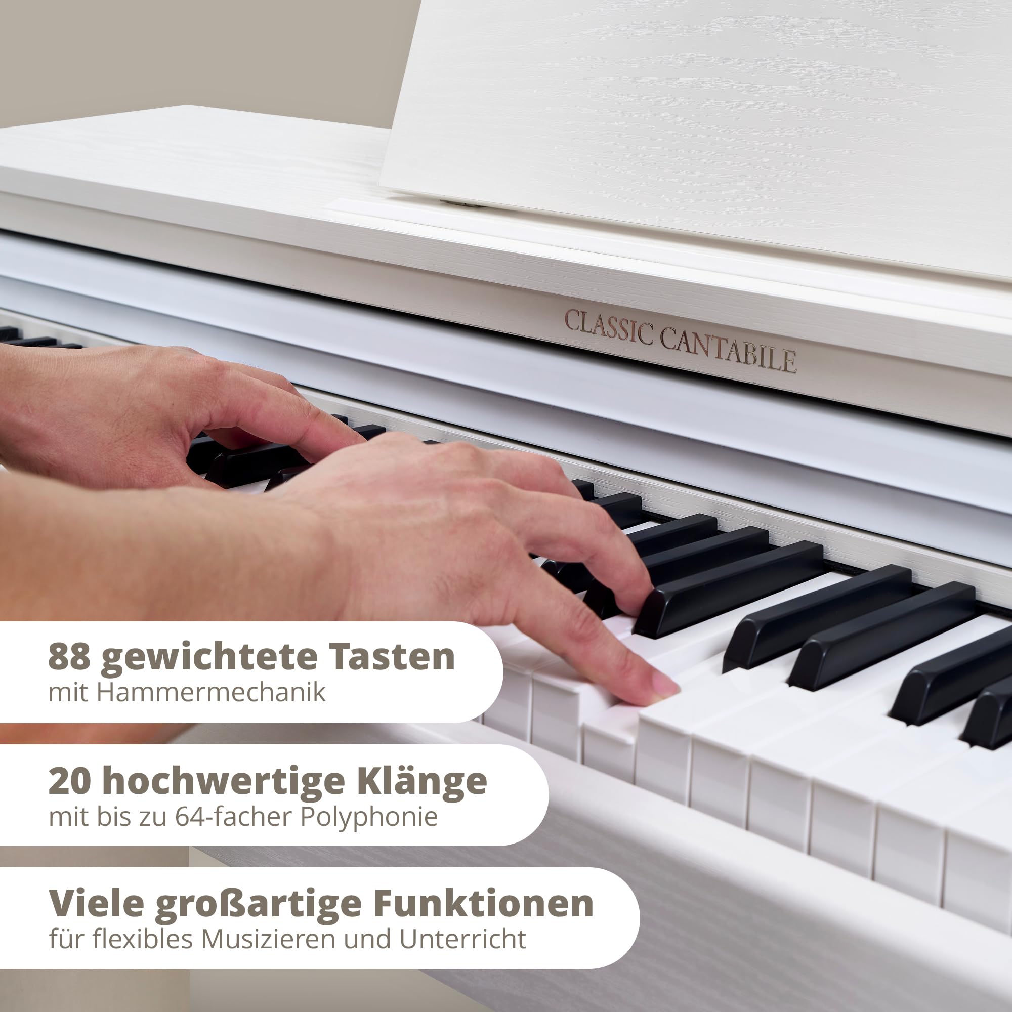 Classic Cantabile DP-220 WM E-Piano Blanco mate Set, Polifonía de 64 notas | 88 teclas ponderadas con mecanismo de martillo, Sensibilidad al tacto ajustable en 5 niveles, 10 canciones demo internas
