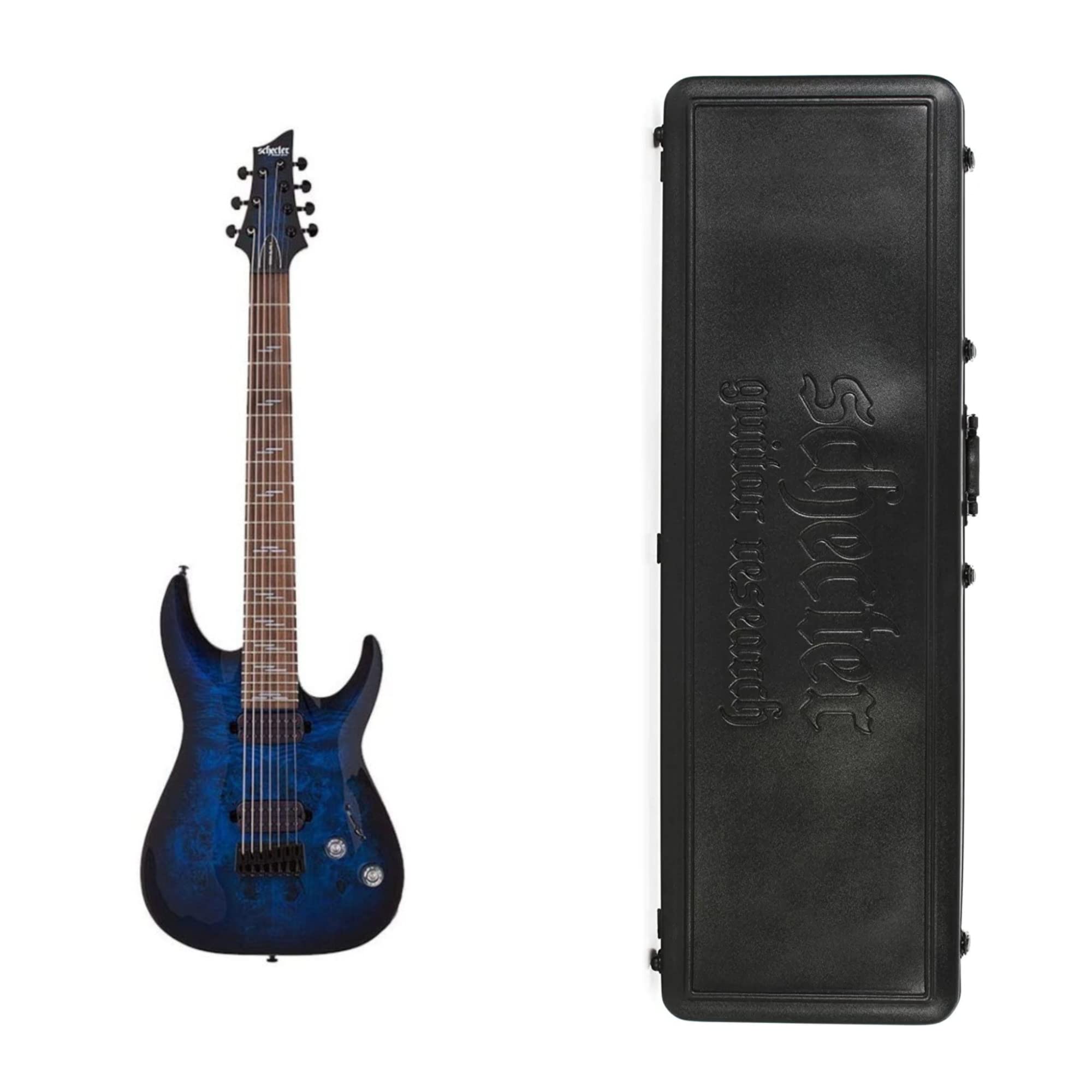 SchecterOmen Elite-7 7-String Electric Guitar in See-Thru Blue Burst Bundle with Schecter Universal Hard Shell Carrying Case (2 Items)