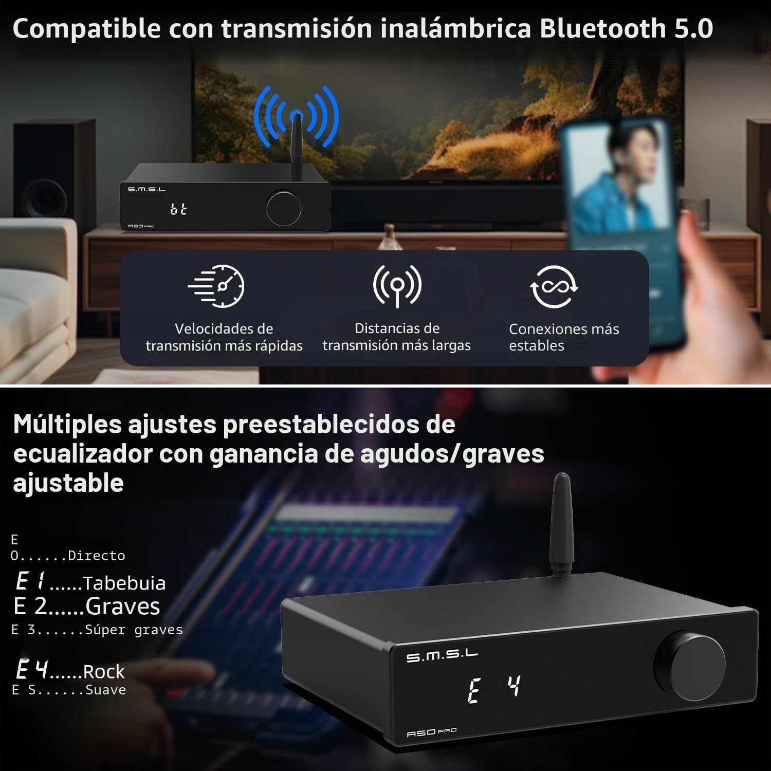 S.M.S.L Amplificador A50Pro, LPF y HPF, amplificador de audio de 2.1 canales, potencia de salida de graves de 100 W, amplificador de audio estéreo Bluetooth 5.0 de alta fidelidad, soporta HDMI (ARC