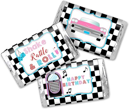 50s Sock Hop Birthday Party Mini Chocolate Candy Bar Sticker Wrappers, 45 1.4" x 2.6" Wrap Around Labels by AmandaCreation, Great for Party Favors
