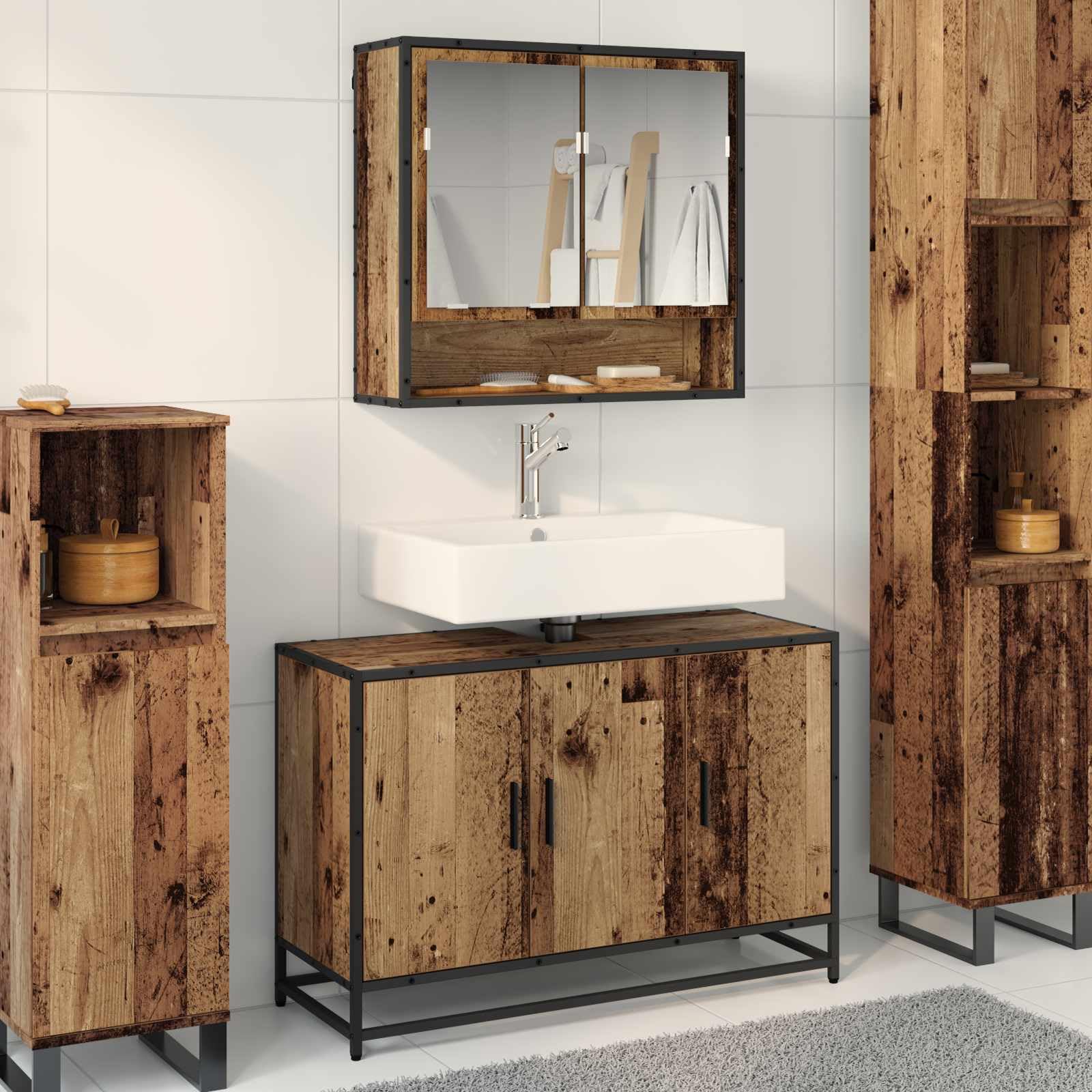 Juego de muebles de baño de madera recuperada, 2 piezas con armario con espejo y armario debajo del lavabo, montaje en pared, espacio de almacenamiento, estantería, para baño moderno e