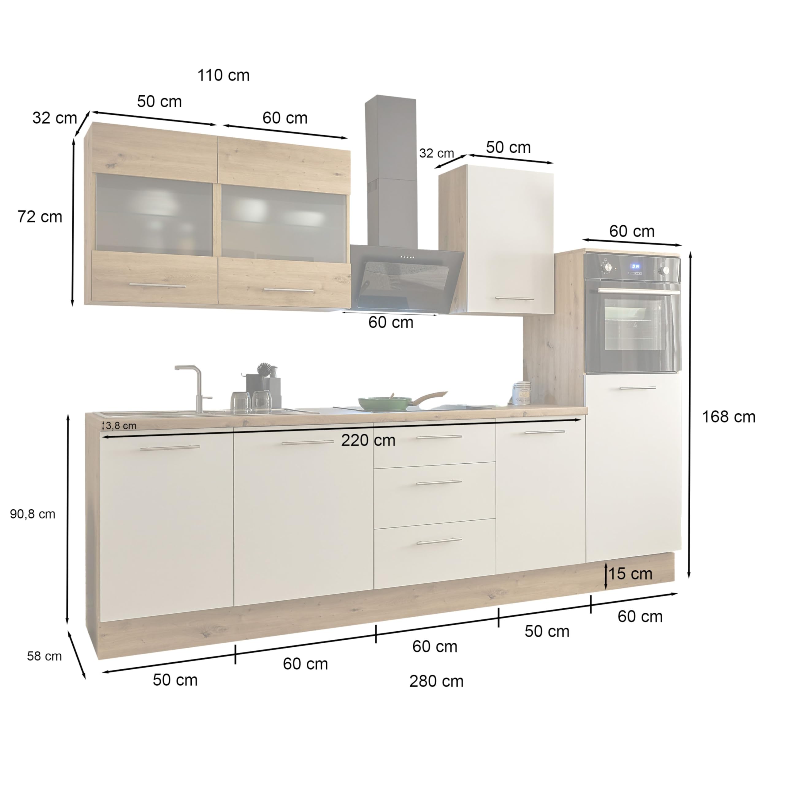 Capri Moderne Küchenzeile ohne Elektrogeräte in Weiß, Artisan Eiche Optik FSC-Zertifiziert - Geräumige Einbauküche mit viel Stauraum - 280 x 168 x 58 cm (B/H/T)