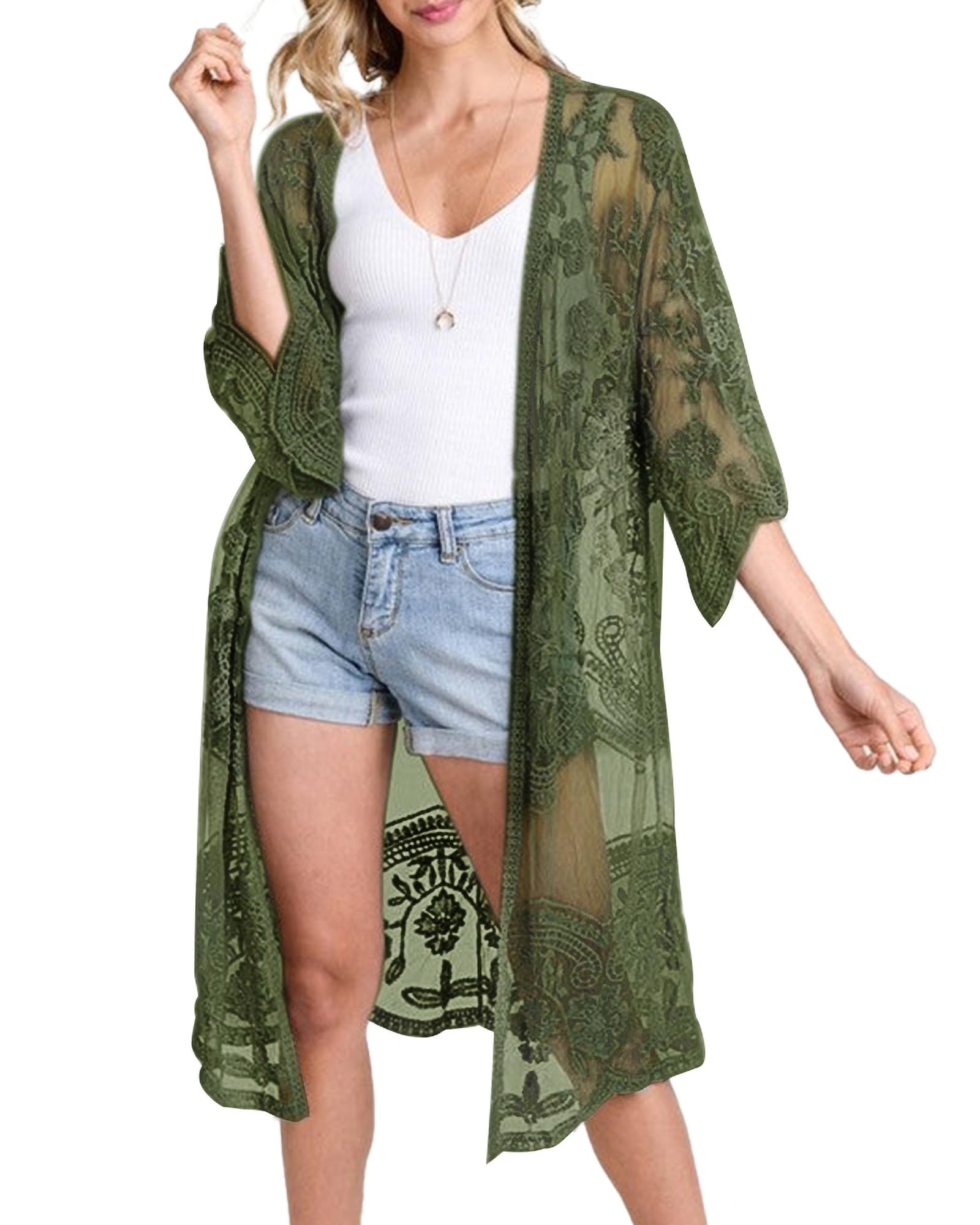 Women Mesh Lace Beach Kimono Cardigan Open Front Swimsuit Cover Ups Swimwear