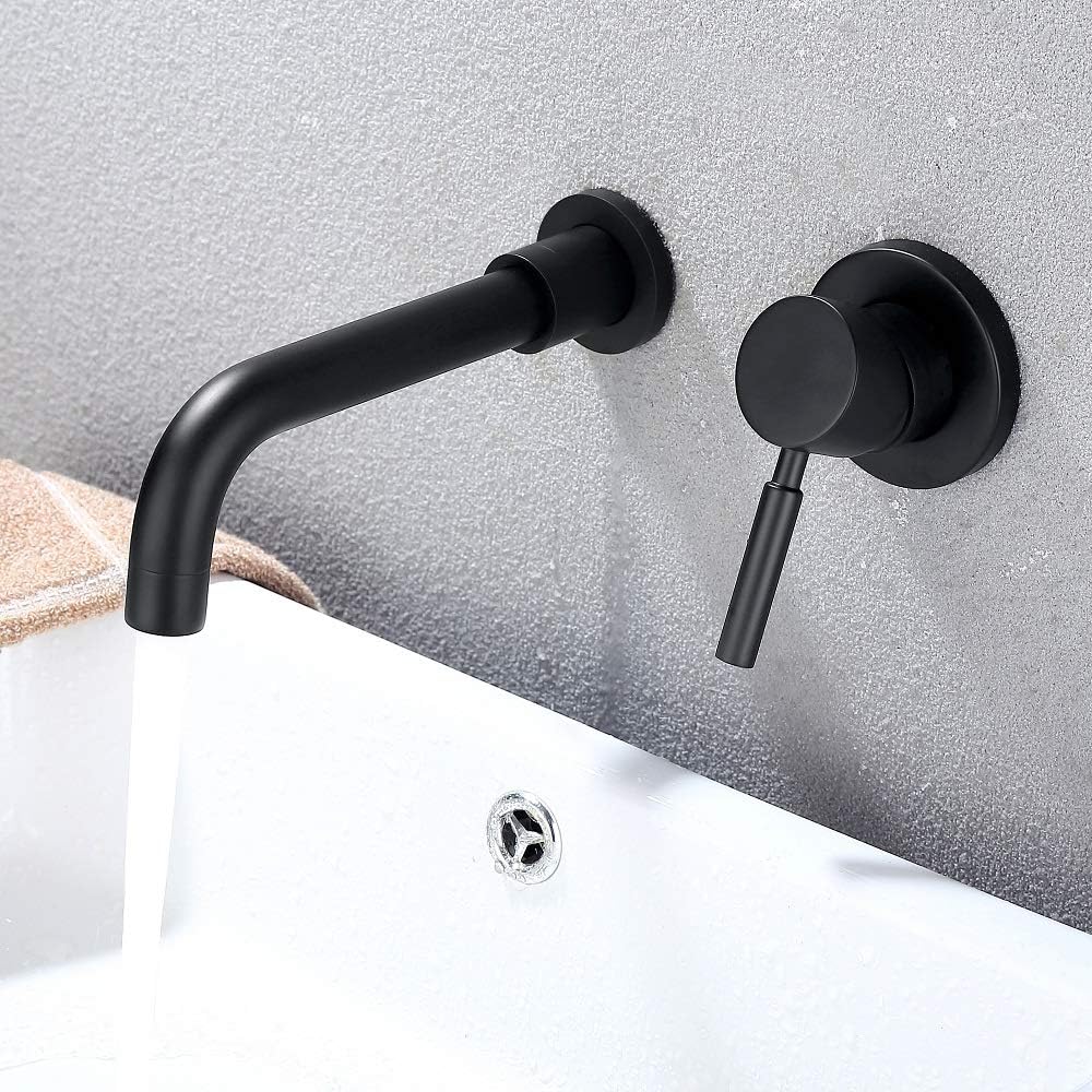 Bathroom Wall Mount Faucet,Spout can Rotate 360 ​​Degrees, Modern Matte Black,Bathroom Sink Faucet Single Handle 2 Holes and Rough Valve for Washroom,Bathroom Vanity Faucet Mixer Tap