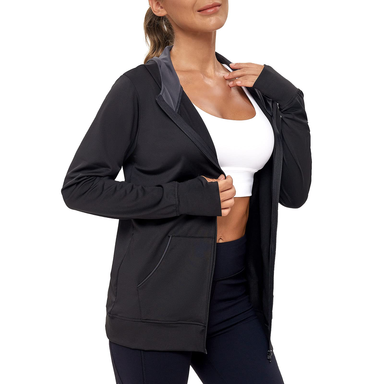 AMZSPORT Chaqueta Deportiva Mujer, Sudadera Capucha Running Cremallera con Bolsillos