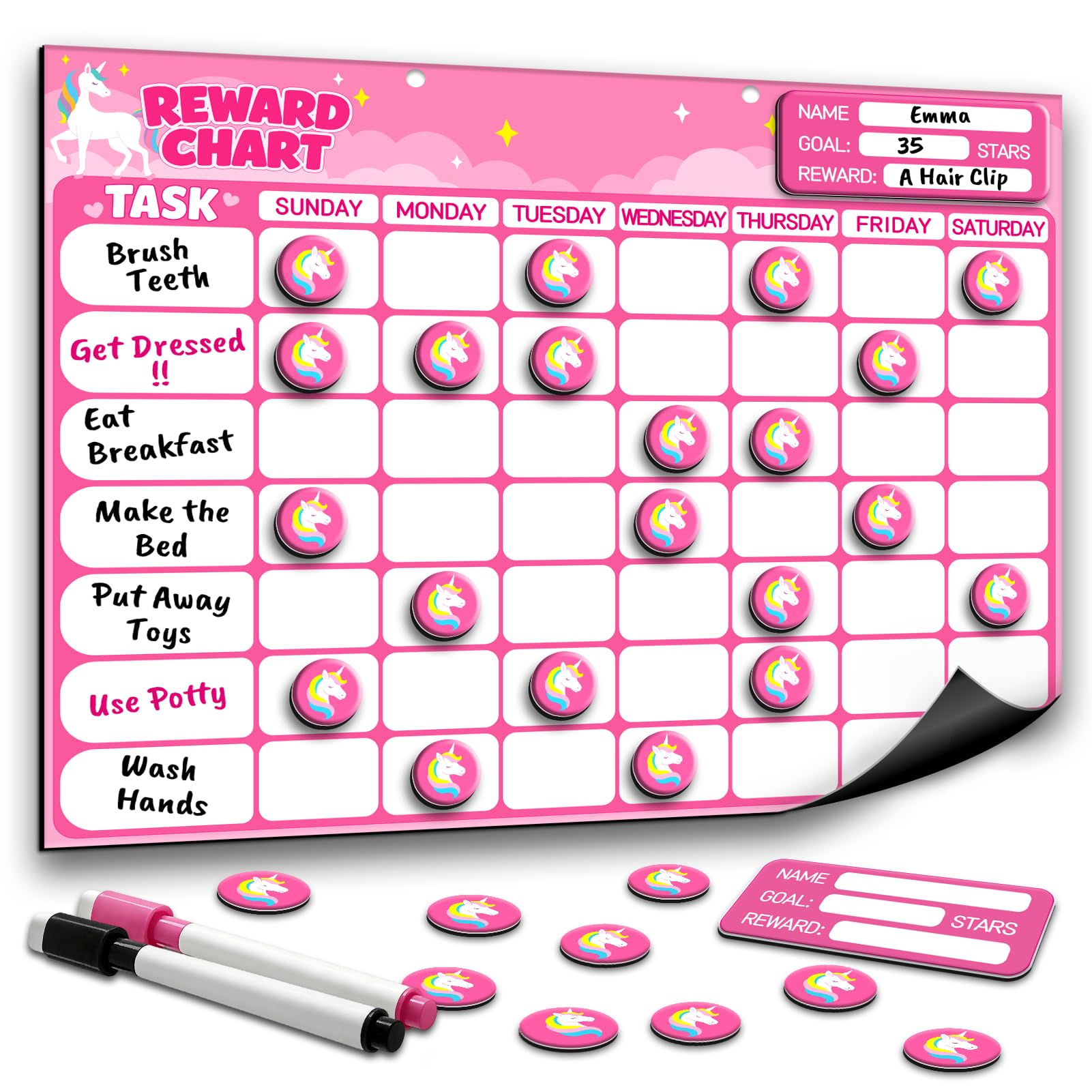 Magnetic Reward Chart for Kids, Customizable Dry Erase Weekly Chore Chart