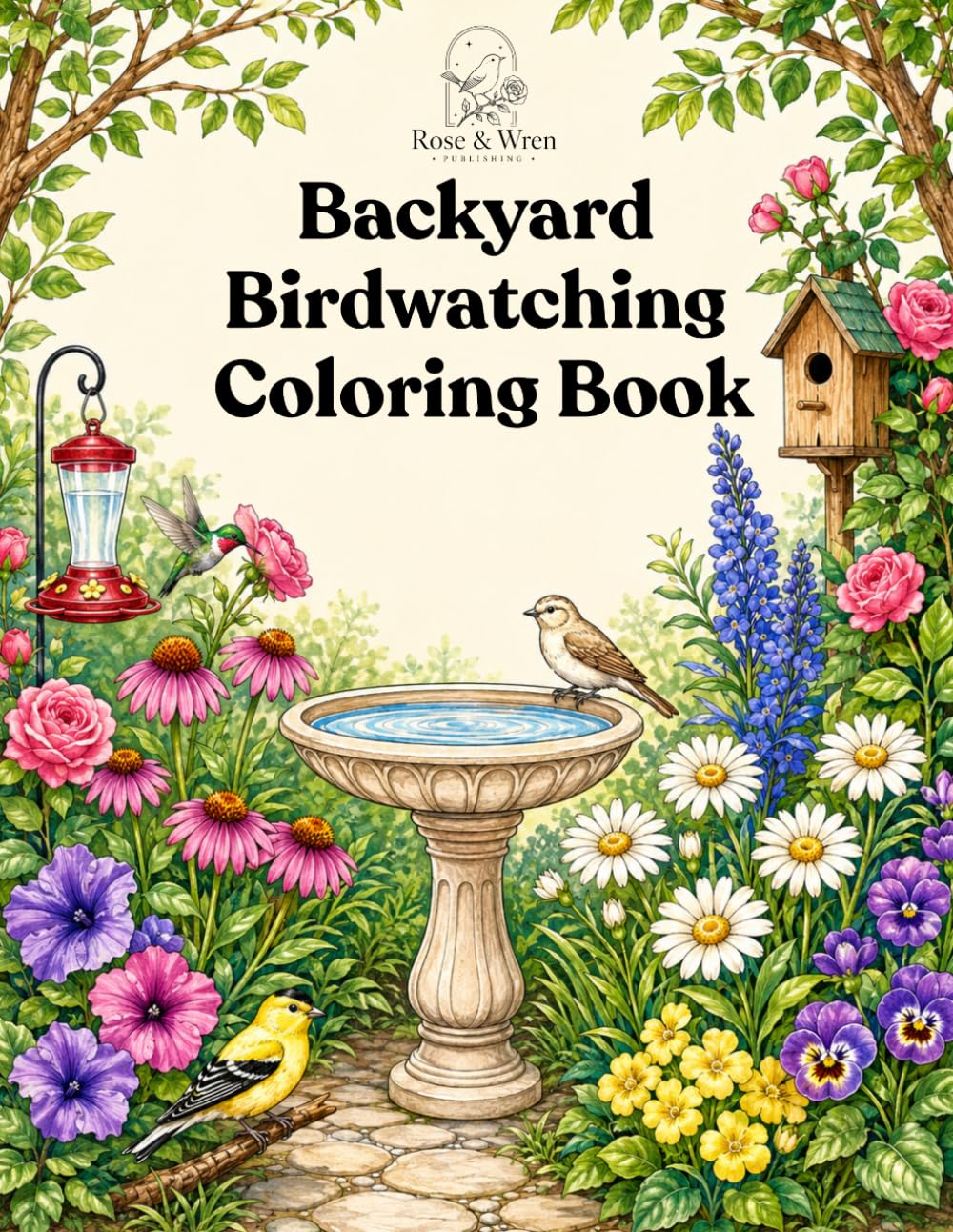 Backyard Birdwatching Coloring Book: Beautiful Backyard Birds, Garden Blooms, Feeders, Nests, and Peaceful Nature Scenes for Relaxation