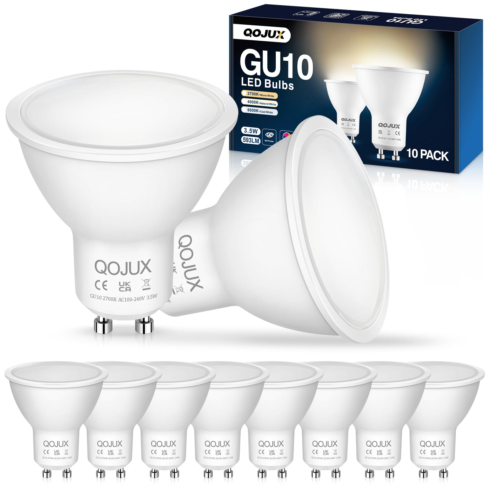 QOJUX GU10 LED Warmweiss Lampe,3.5W 593 Lumen Birne 2700K Warmweiß Spot GU10 Energiesparlampe,50W Halogenlampe ersetzt,Abstrahlwinkel 120° Leuchtmittel,Nicht Dimmbar,10 Stück
