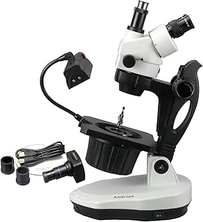 AmScope GM400TZ-M Digital Trinocular Gemology Stereo Zoom Microscope, WH10x Eyepieces, 3.5X-90X Magnification, 0.7X-4.5X Zoom Objective, Halogen and Fluorescent Lighting, Inclined Pillar Stand, 110V-120V, Includes 0.5X and 2.0X Barlow Lenses, 1.3MP Camera with Reduction Lens, and Software