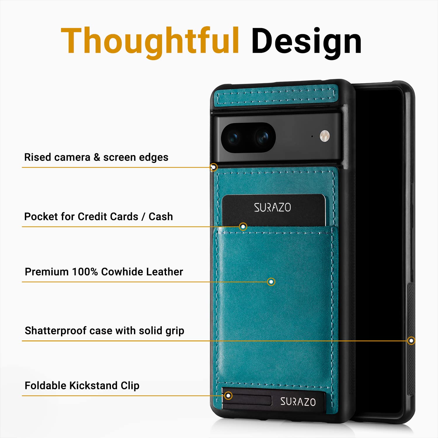 SURAZO Custodia posteriore in vera pelle per Google Pixel 7A, resistente agli urti, con scomparto per carte di credito, funzione leggio, portachiavi vintage slim bumper (turchese)