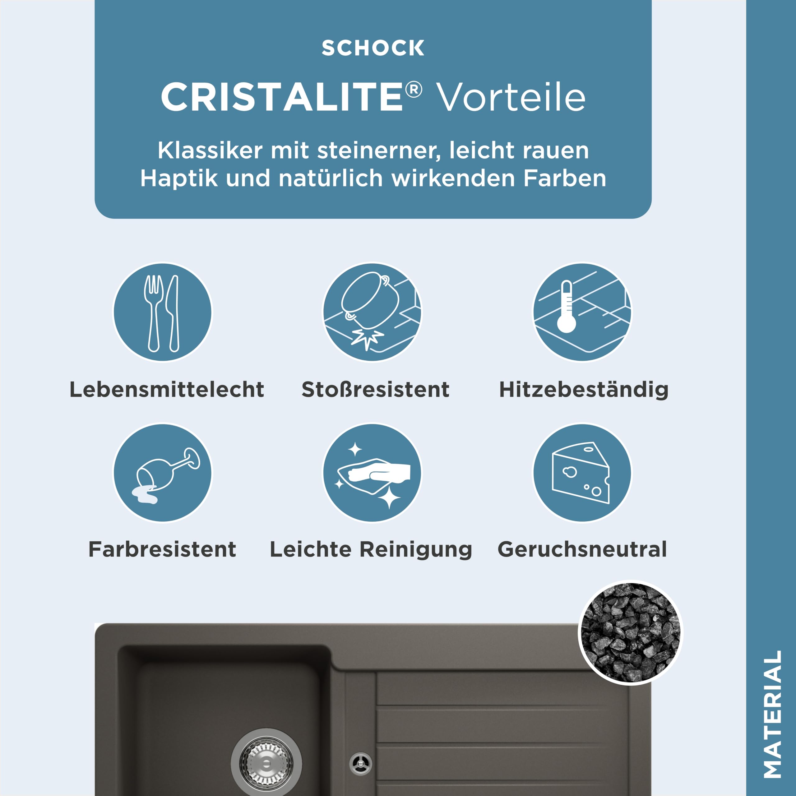 SCHOCK Küchenspüle Typos D-100S Asphalt 86x43,5 cm | Granitspüle aus CRISTALITE Grau mit Abtropffläche | Spüle für 45 cm Unterschrank | Reversible Einbauspüle | Robuste Quarzkomposit-Oberfläche