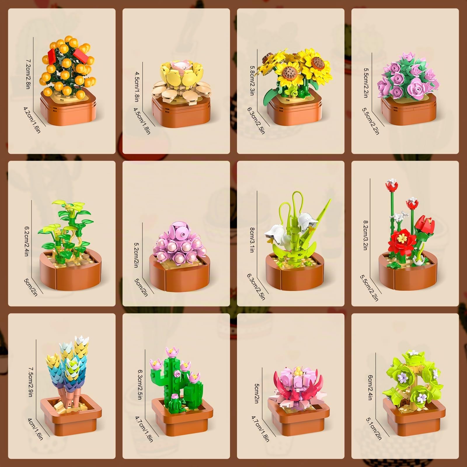 12 Pack Fiori Succulenti 3.6MM Mini Set Costruzione - 1403PCS Collezione Botanica Fiori per la Casa Decorazione Pianta Costruire Blocchi, Regali per Festa della Mamma Compleanno Adulti Bambini 10+