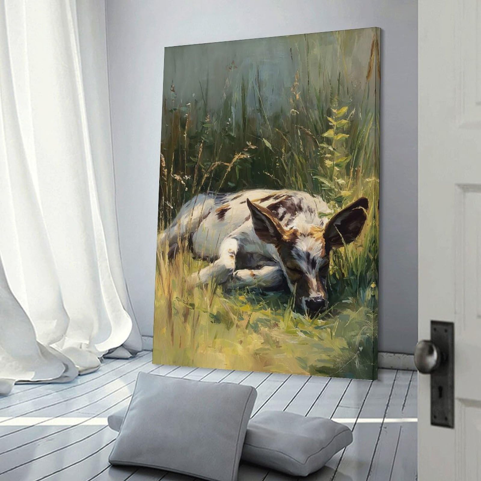Junmoney Calf Sleeping in Tall Grass Decorative Canvas Print 20x30inch(50x75cm), for Hallway, Bedroom Or Modern Interiors, Home Decor Gift with Stylish Appeal