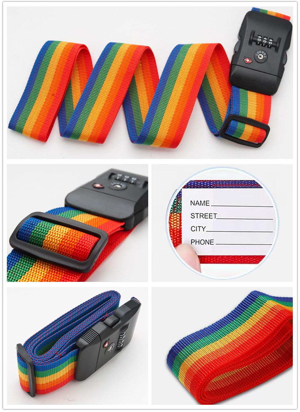SANTREST LS001-RB 2P - Cinghia regolabile per bagagli da viaggio, con lucchetto a combinazione TSA, confezione da 2, 2 pezzi, colore: arcobaleno