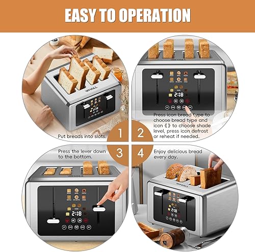 Miniatura 7 de whall 4 Slice Touch Screen Toaster, Stainless Steel Toasters Digital Timer, Dual Control Panel Toasters6 Shade Settings6 Bread Types, Smart Wide
