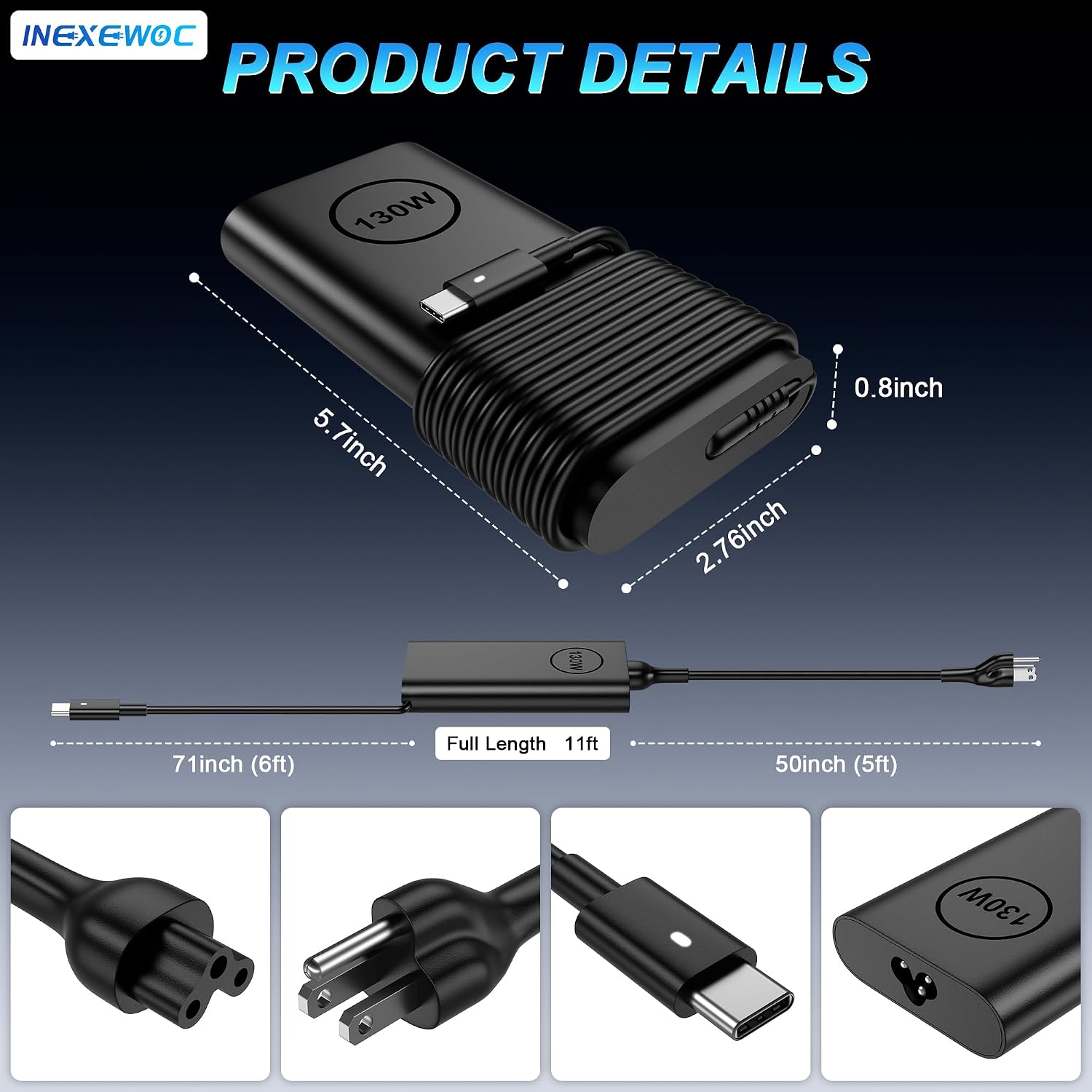 130W USB C Laptop Charger Compatible with Dell XPS 15 17 2in1 9575 9500 9520 9700 Precision 3560 5550 5530 5750 5560 5570 Latitude 9510 9410 7210 7310 7410 5510Type C AC Adapter Power Cord