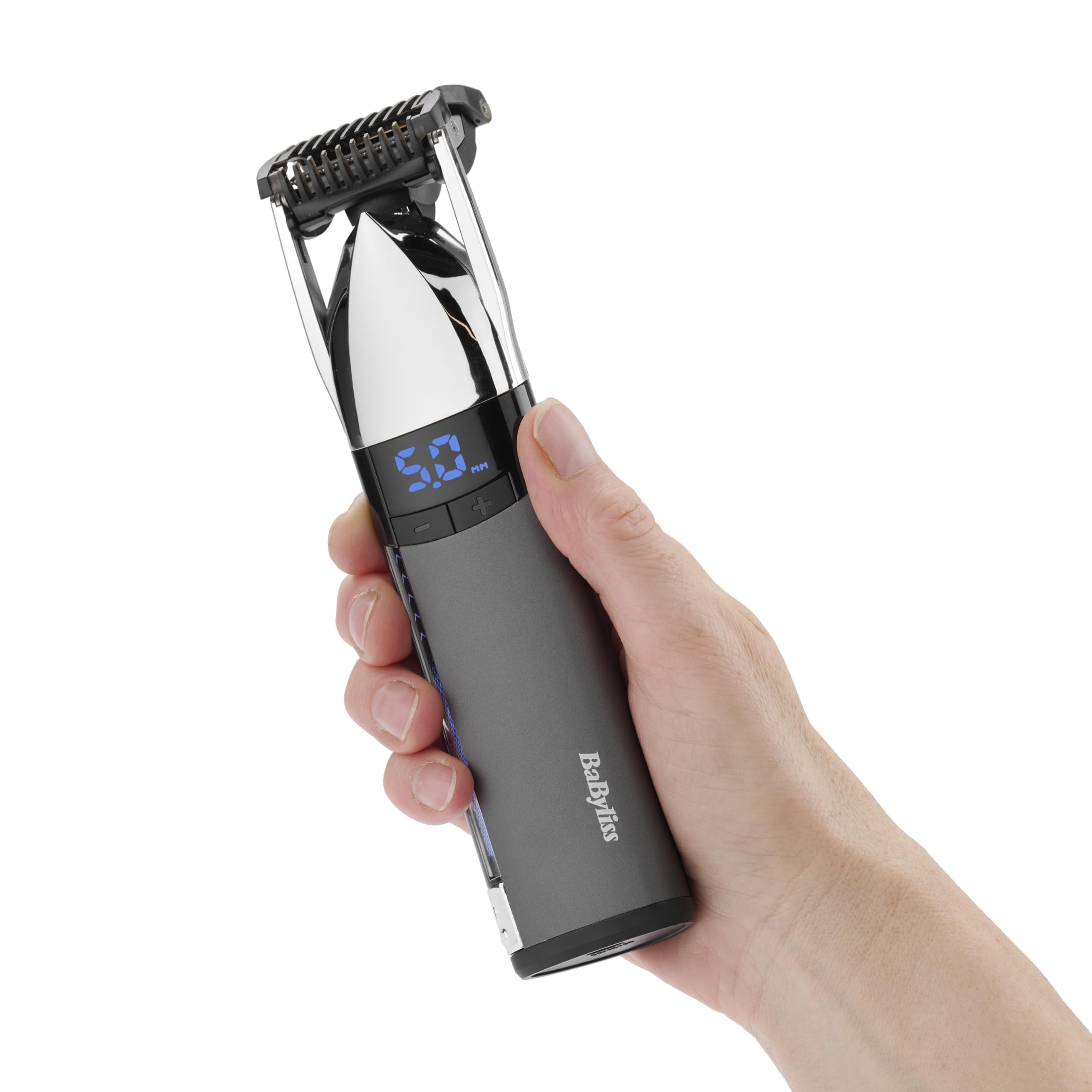 BaByliss Super‑X Cortabarbas Stubble – Cortabarbas impermeable con cuchillas de acero japonés, control motorizado (0,4–5 mm), pantalla digital, batería de litio, 90 minutos de autonomía, S996E