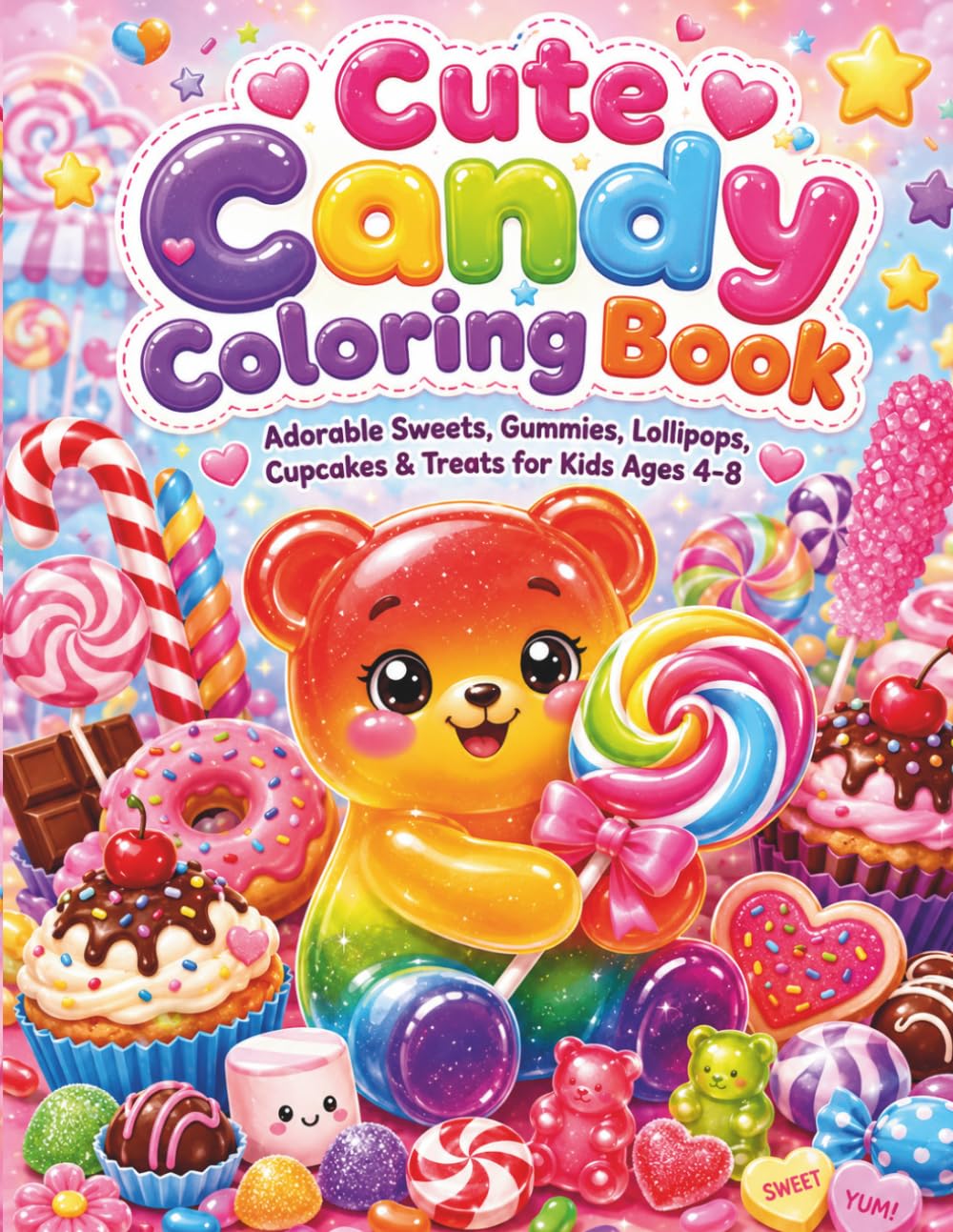 Cute Candy COLORING BOOK: Adorable sweets, gummies, lollipops, cupcakes & treats for kids ages 4 - 8.