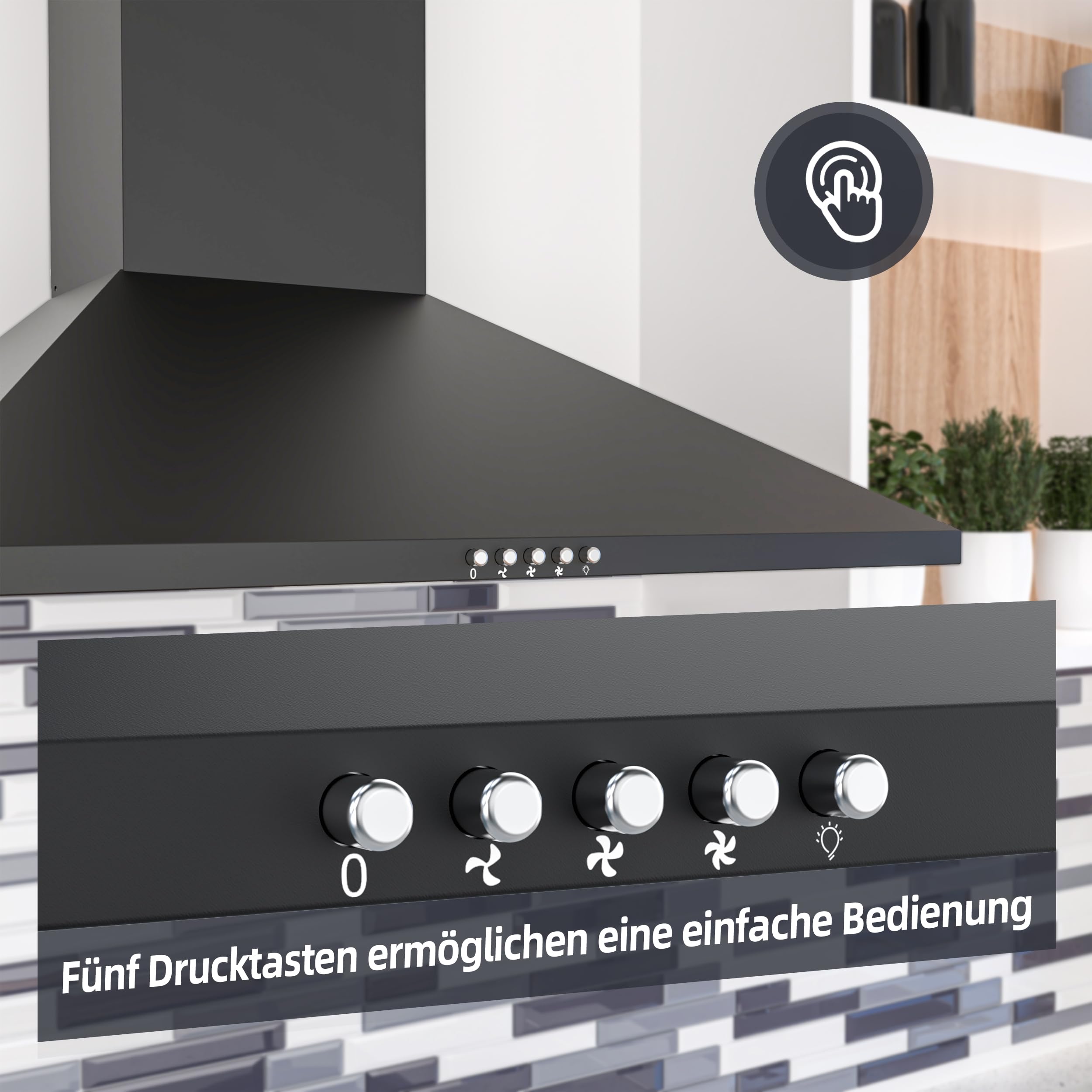 FIREGAS Dunstabzugshaube 60 cm mit bürstenlosem DC-Motor, Umluft/Abluft, 3 Gebläsestufen, LED, Schwarz