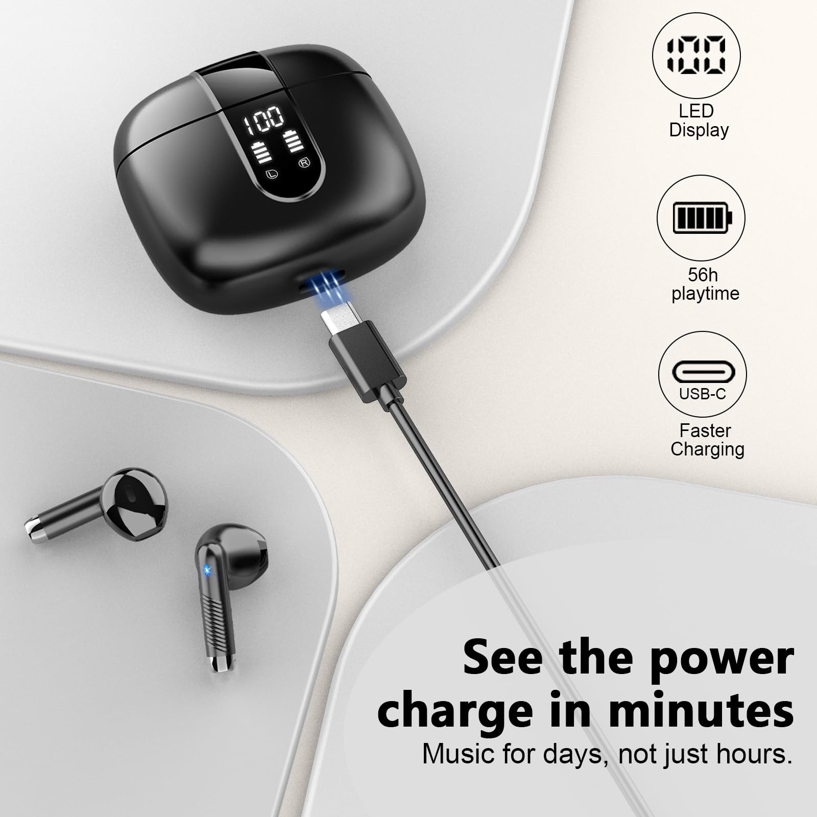 Cuffie Bluetooth 5.4, 2025 Auricolari Bluetooth 56Ore 6D Stereo Cuffie Wireless In Ear con 4 ENC Mic, Cuffie Senza Fili Cancellazione Rumore Cuffiette Sport IP7 Impermeabili Headphones per iOS/Android