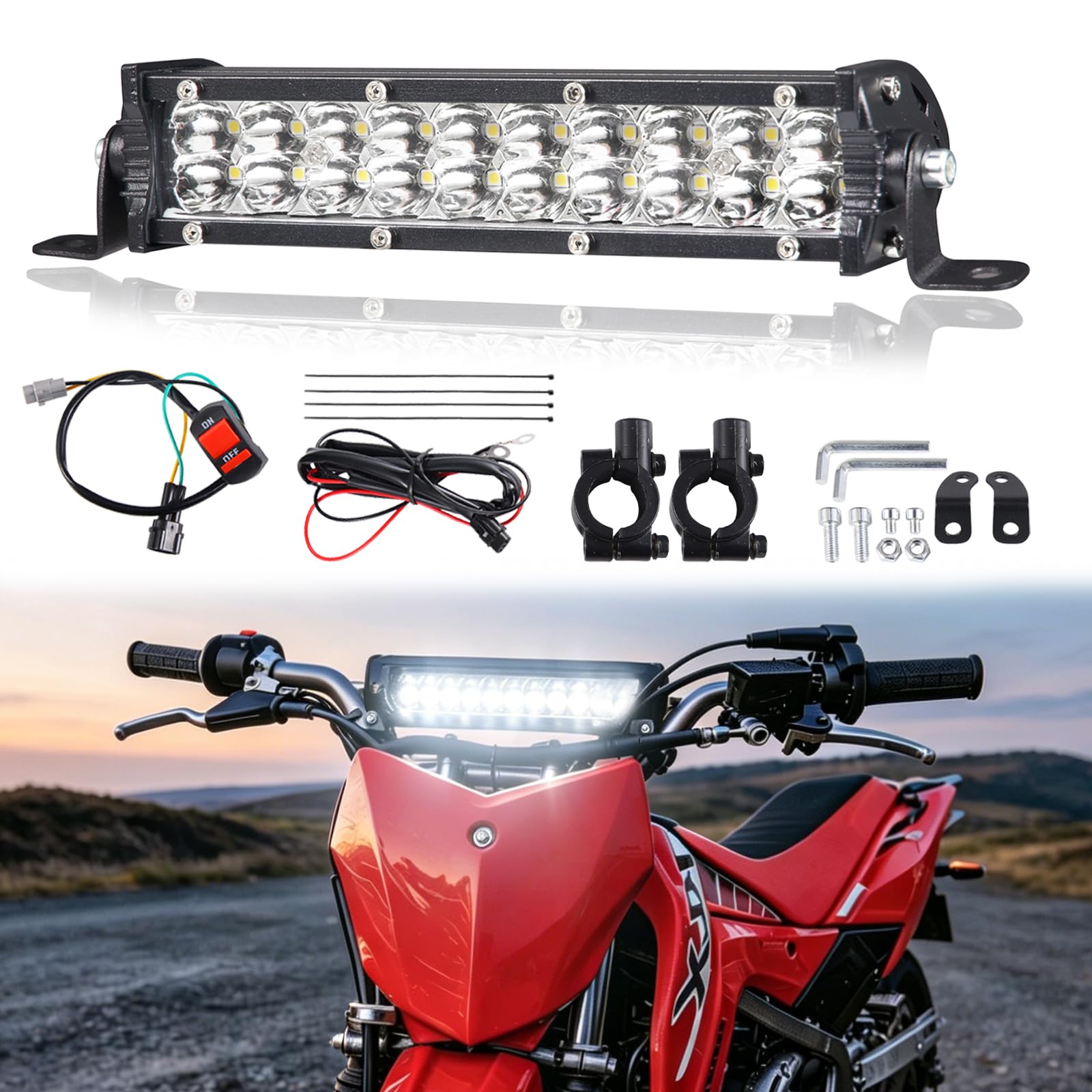 Faro Anteriore per Moto da Cross 60W 2500LM con Interruttore per Manubrio da 7/8" 22 mm, Compatibile con CRF110 KLX140 KLX110 TTR110 TTR110E KLX PW XR RM KX.