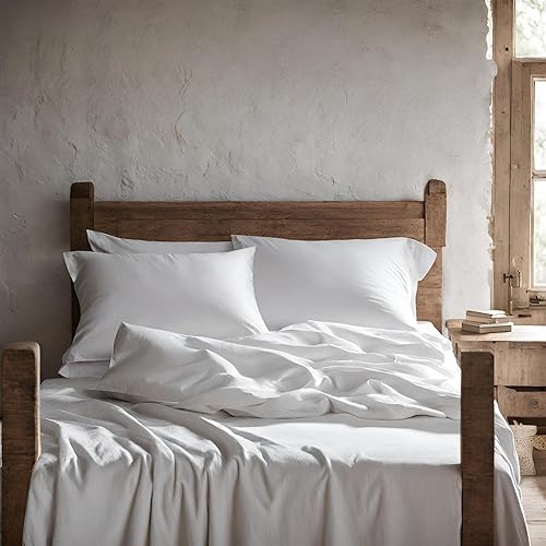DaDa Bedding - Juego de sábanas blancas de lujo, 3 piezas, 100% algodón transpirable, sábana encimera y fundas de almohada, diseño de fácil cuidado,