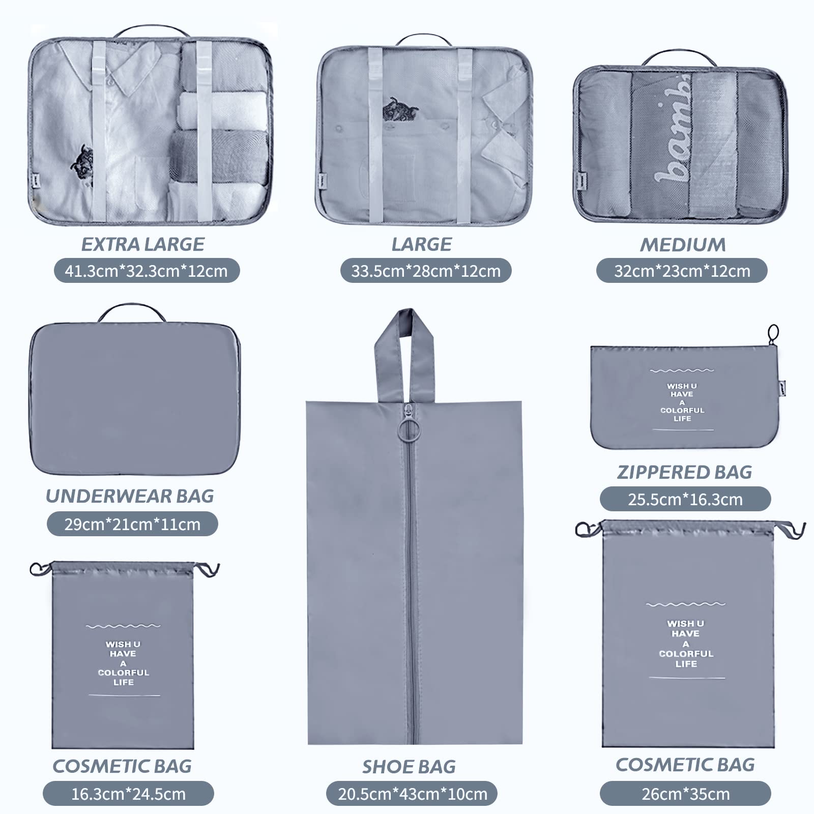 Set Organizer Valigie Viaggio 8 Pezzi, Cubi di Imballaggio Impermeabili, Organizer Valigia per Vestiti Scarpe Cosmetici Intimo, Borse da Viaggio Grigio