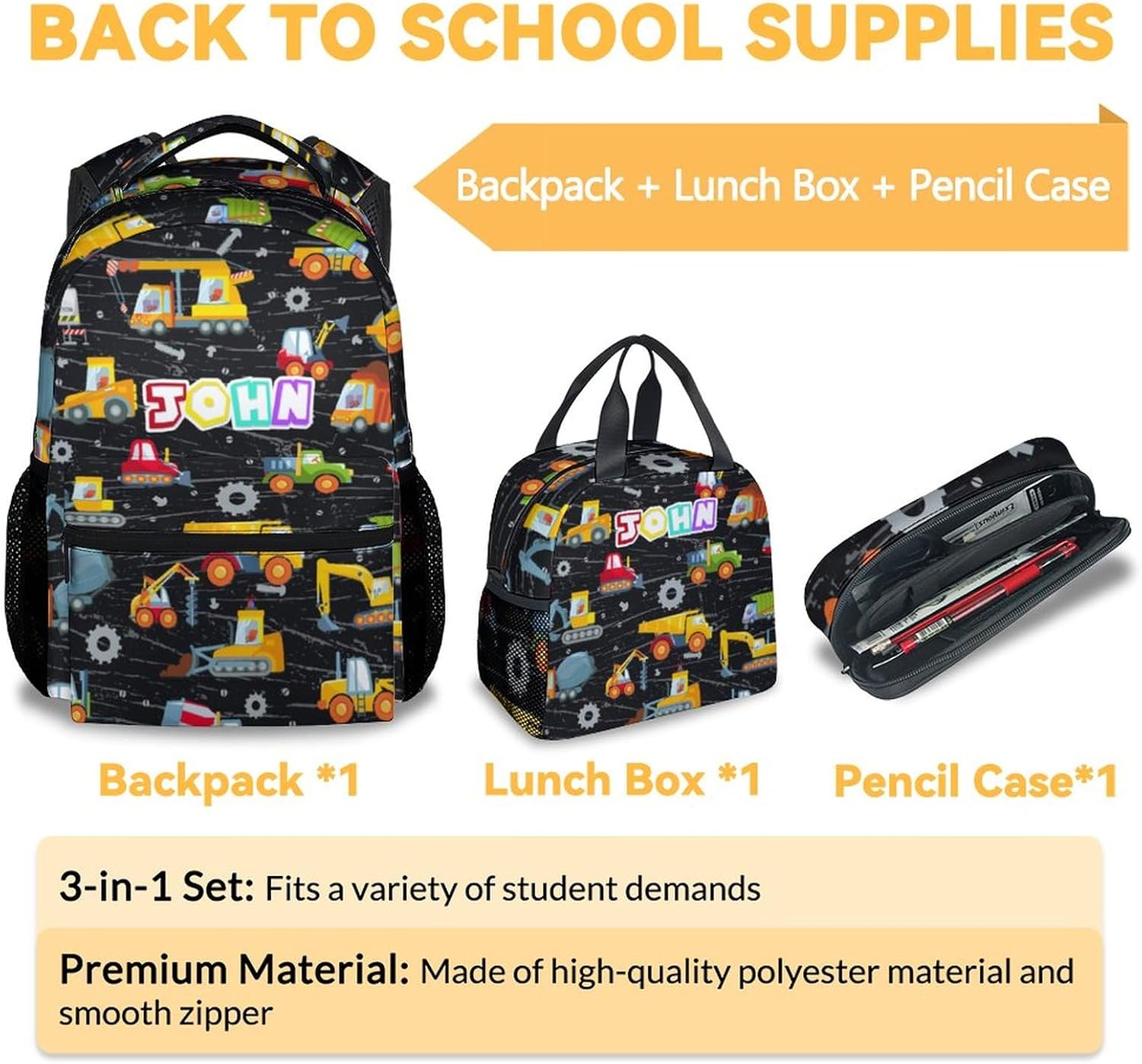 Custom Construction Backpack with Lunch Box, Personalized Set of 3 School Backpacks Matching Combo, Cute Lightweight Truck Excavator Bookbag and Pencil Case Bundle
