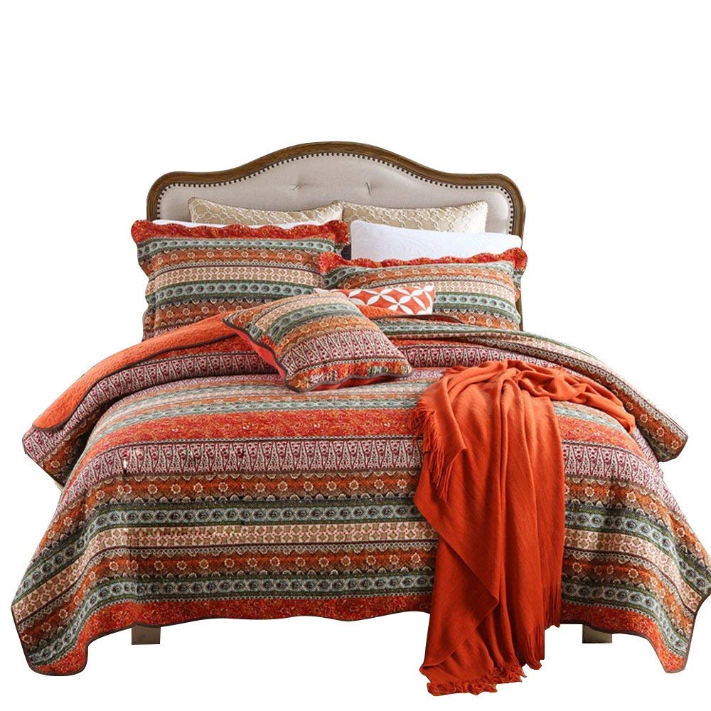 Exotic Bohemian Quilt Sets King Size 3 Pieces, Comfy Cotton Striped Patchwork Boho Bedspread Sets Boho Bedding Sets