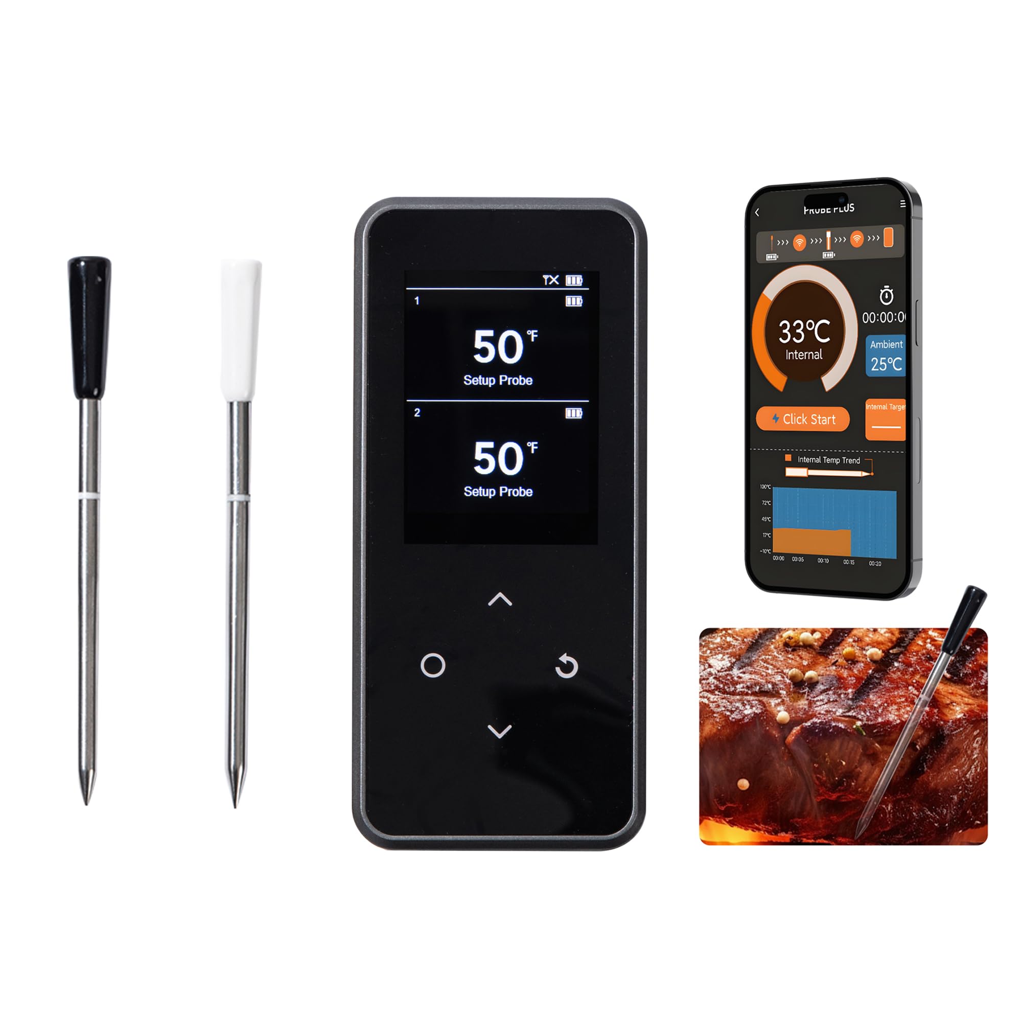 Termometro digitale wireless per carne, con doppia sonda e controllo tramite app Bluetooth, termometro ricaricabile per barbecue e barbecue per affumicatore, forno, cucina, sonda lavabile in